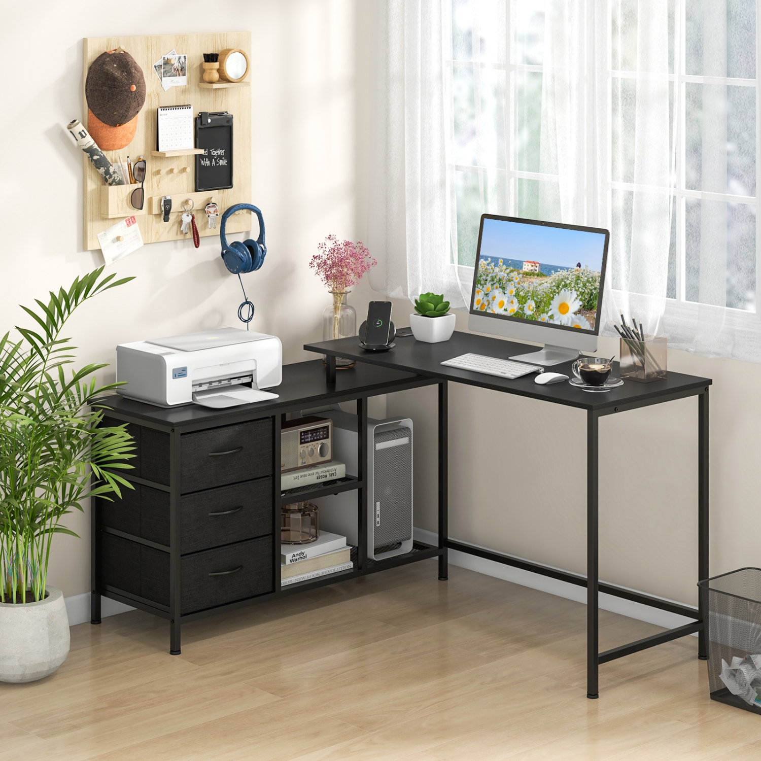 Topbuy L-Shaped Computer Desk with Drawers & Shelves 81" Convertible Home Office Desk with Charging Station Rustic Brown/Black/White