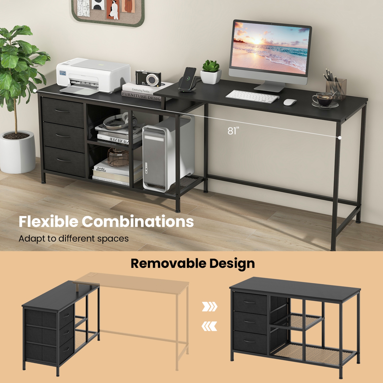 Topbuy L-Shaped Computer Desk with Drawers & Shelves 81" Convertible Home Office Desk with Charging Station Rustic Brown/Black/White