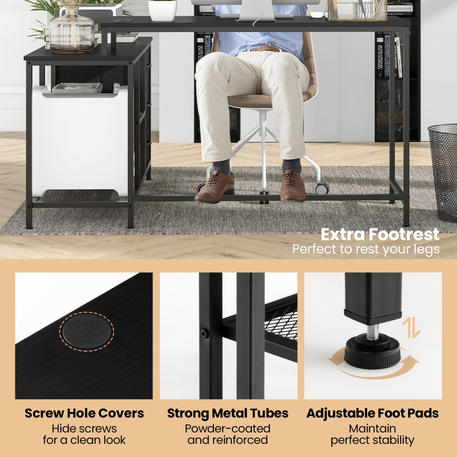 Topbuy L-Shaped Computer Desk with Drawers & Shelves 81" Convertible Home Office Desk with Charging Station Rustic Brown/Black/White