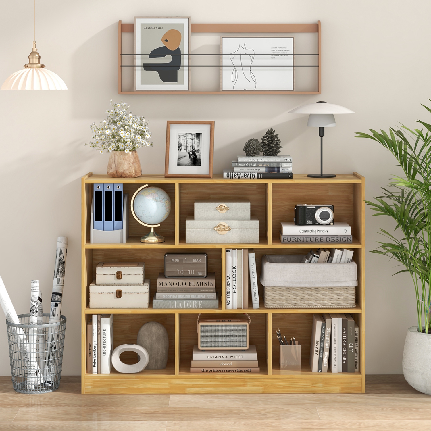 Topbuy Wood Storage Cube Bookcase 3 Tier 8 Cube Open Shelf Storage Cabinet with Anti-Toppling Devices Multipurpose Bookshelf Natural/Burlywood/Oak