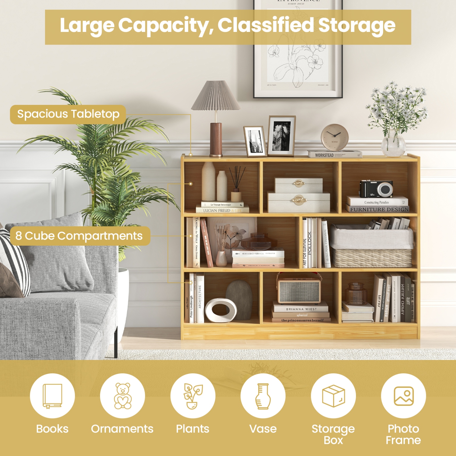 Topbuy Wood Storage Cube Bookcase 3 Tier 8 Cube Open Shelf Storage Cabinet with Anti-Toppling Devices Multipurpose Bookshelf Natural/Burlywood/Oak