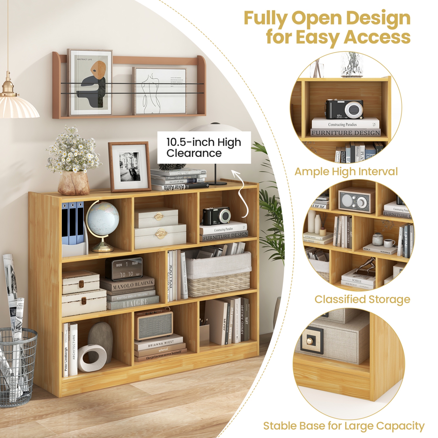 Topbuy Wood Storage Cube Bookcase 3 Tier 8 Cube Open Shelf Storage Cabinet with Anti-Toppling Devices Multipurpose Bookshelf Natural/Burlywood/Oak