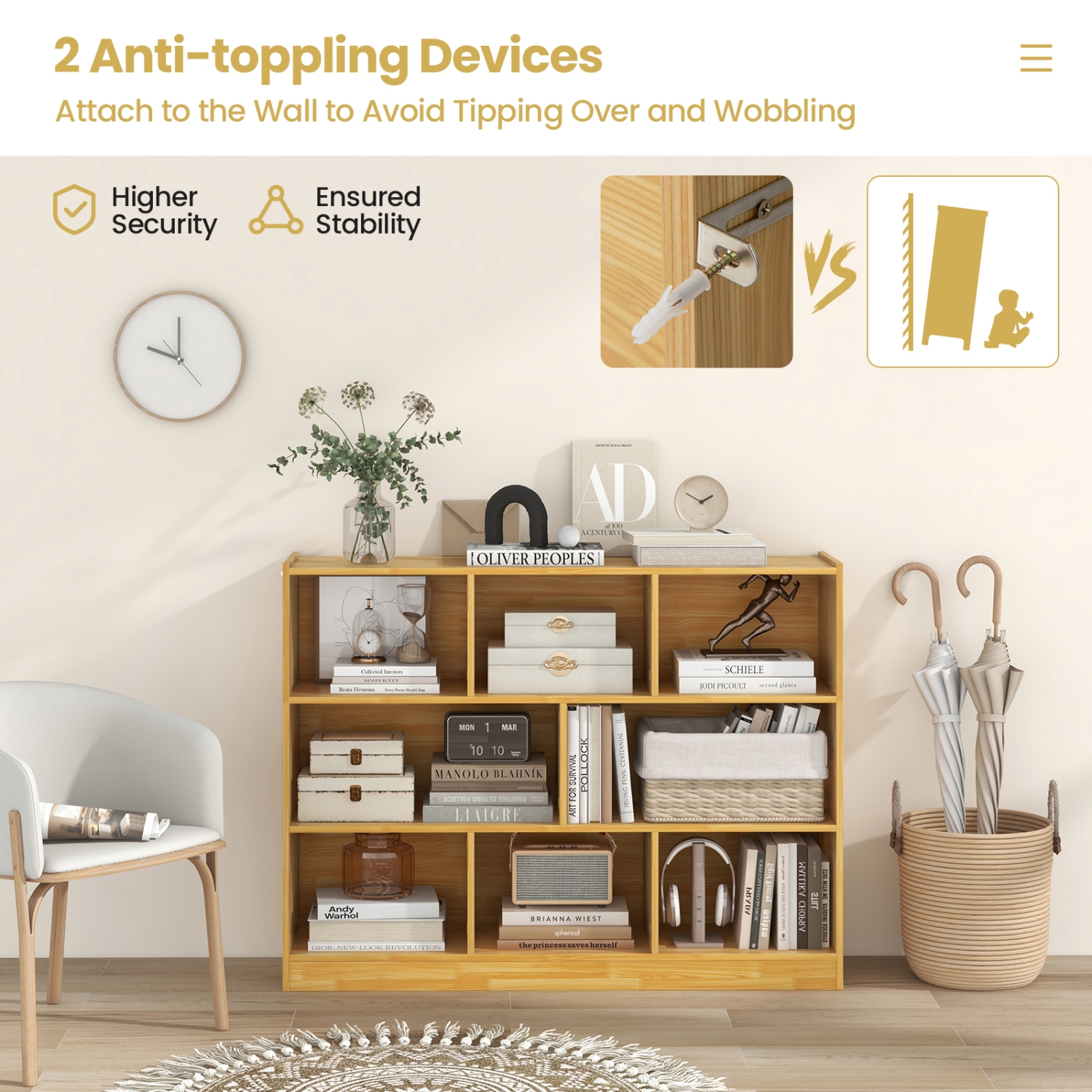 Topbuy Wood Storage Cube Bookcase 3 Tier 8 Cube Open Shelf Storage Cabinet with Anti-Toppling Devices Multipurpose Bookshelf Natural/Burlywood/Oak