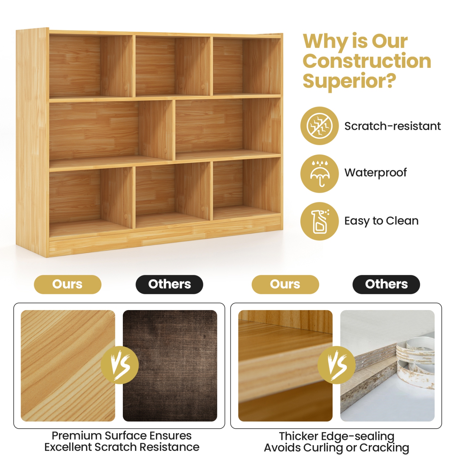 Topbuy Wood Storage Cube Bookcase 3 Tier 8 Cube Open Shelf Storage Cabinet with Anti-Toppling Devices Multipurpose Bookshelf Natural/Burlywood/Oak