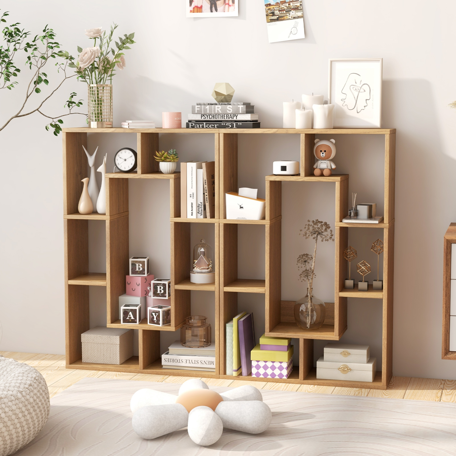 Topbuy 35.5" Geometric Bookshelf Open-back Bookcase w/ 7 Cubes Free-standing Storage Shelf Unit w/ Anti-Toppling Devices Gray/Natural/White