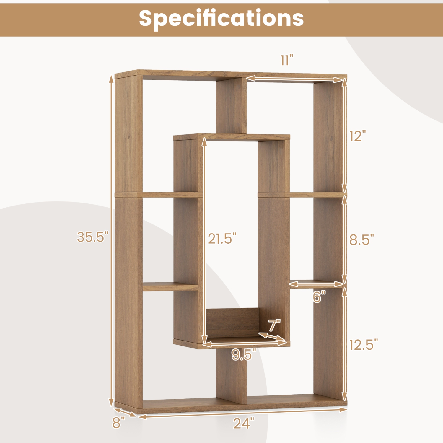 Topbuy 35.5" Geometric Bookshelf Open-back Bookcase w/ 7 Cubes Free-standing Storage Shelf Unit w/ Anti-Toppling Devices Gray/Natural/White