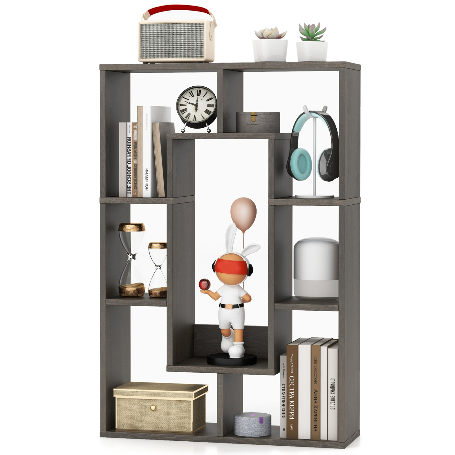 Topbuy 35.5" Geometric Bookshelf Open-back Bookcase w/ 7 Cubes Free-standing Storage Shelf Unit w/ Anti-Toppling Devices Gray/Natural/White