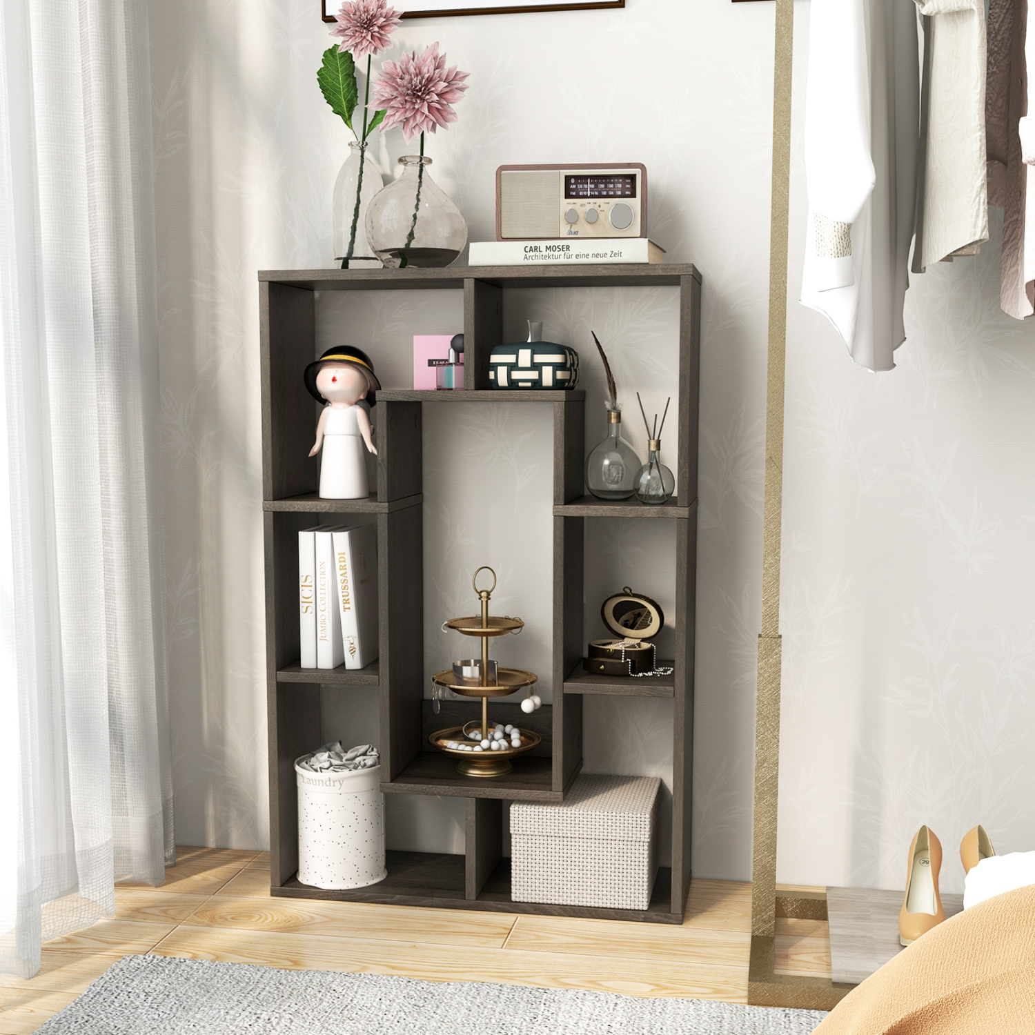 Topbuy 35.5" Geometric Bookshelf Open-back Bookcase w/ 7 Cubes Free-standing Storage Shelf Unit w/ Anti-Toppling Devices Gray/Natural/White