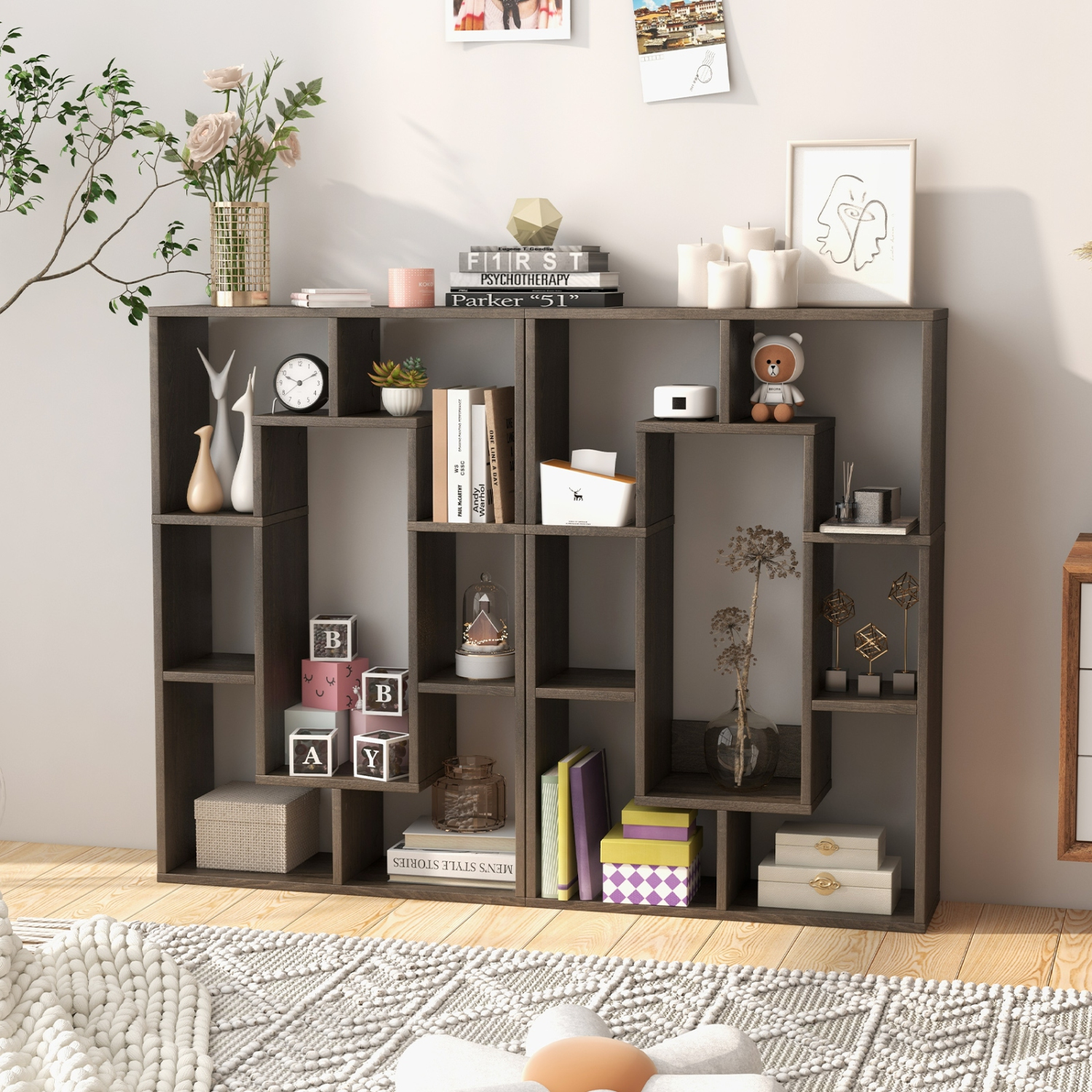 Topbuy 35.5" Geometric Bookshelf Open-back Bookcase w/ 7 Cubes Free-standing Storage Shelf Unit w/ Anti-Toppling Devices Gray/Natural/White