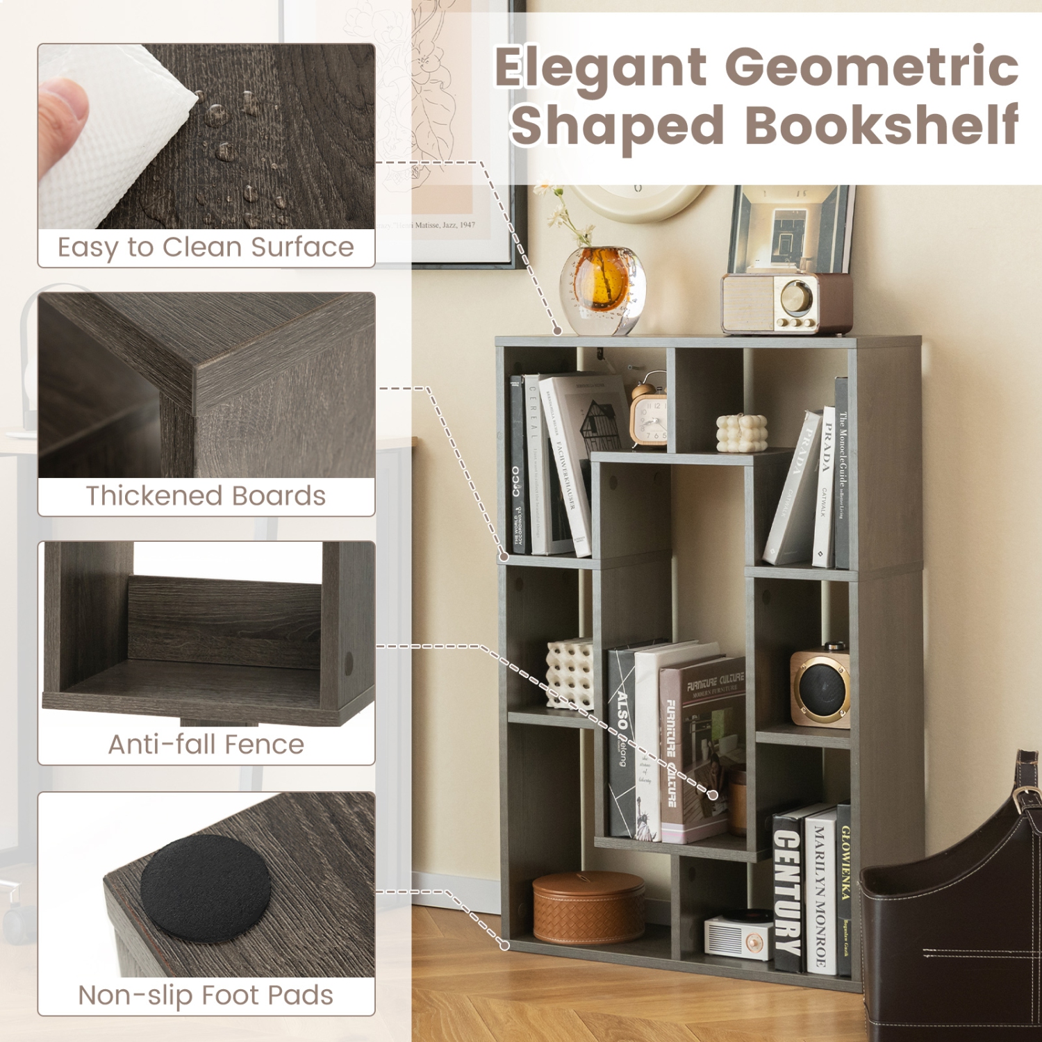 Topbuy 35.5" Geometric Bookshelf Open-back Bookcase w/ 7 Cubes Free-standing Storage Shelf Unit w/ Anti-Toppling Devices Gray/Natural/White