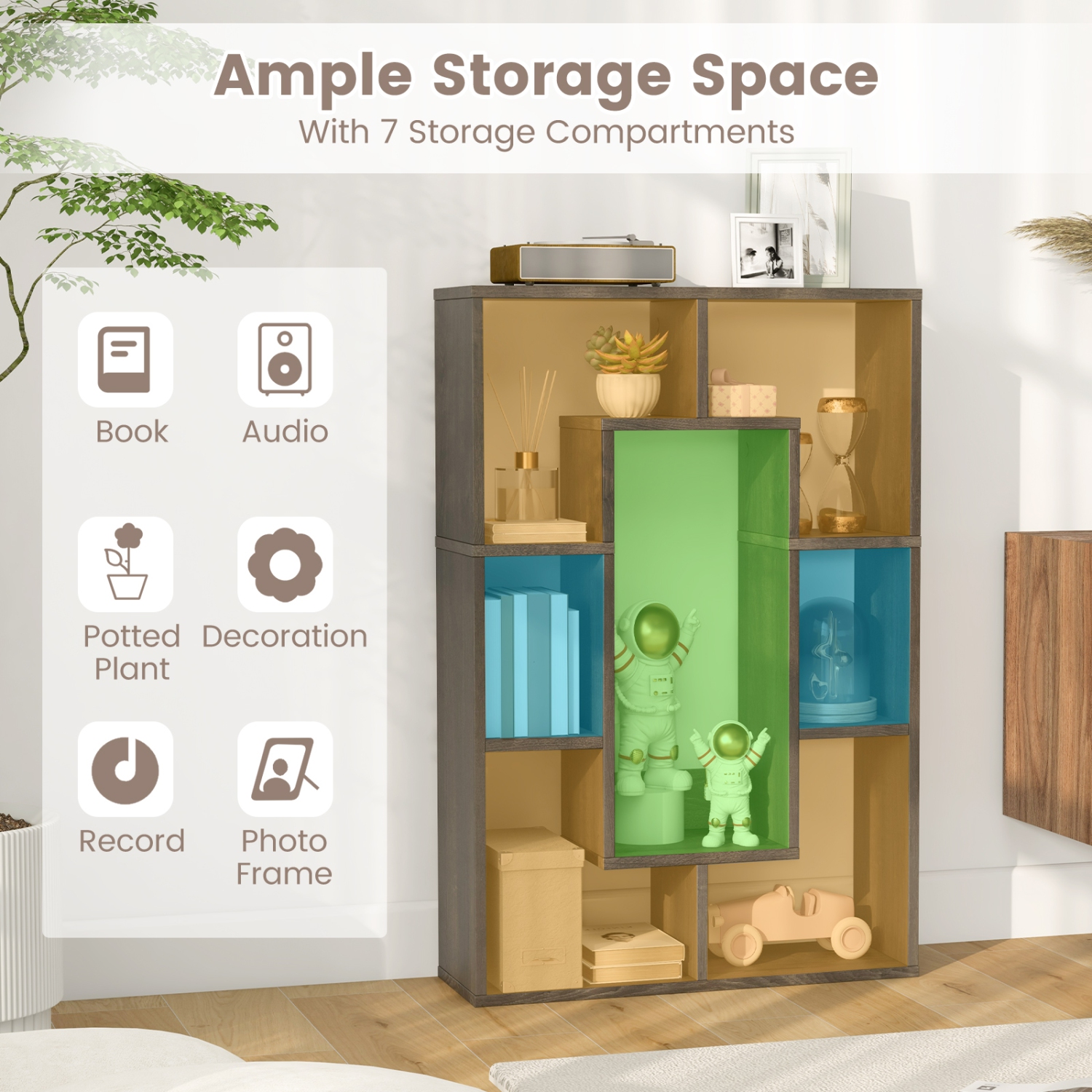 Topbuy 35.5" Geometric Bookshelf Open-back Bookcase w/ 7 Cubes Free-standing Storage Shelf Unit w/ Anti-Toppling Devices Gray/Natural/White