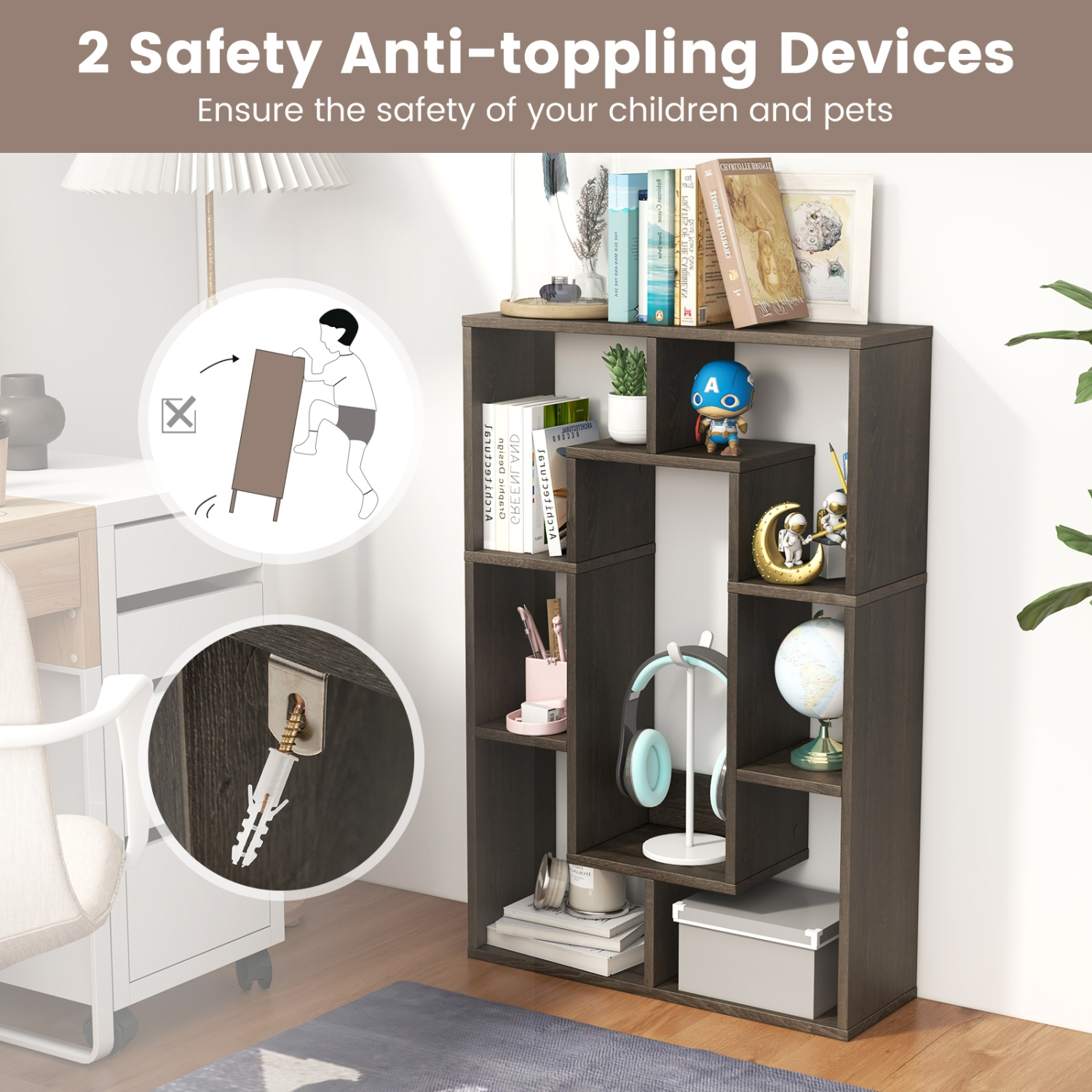 Topbuy 35.5" Geometric Bookshelf Open-back Bookcase w/ 7 Cubes Free-standing Storage Shelf Unit w/ Anti-Toppling Devices Gray/Natural/White