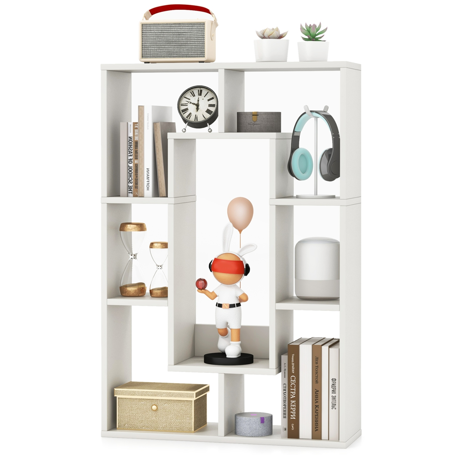 Topbuy 35.5" Geometric Bookshelf Open-back Bookcase w/ 7 Cubes Free-standing Storage Shelf Unit w/ Anti-Toppling Devices Gray/Natural/White