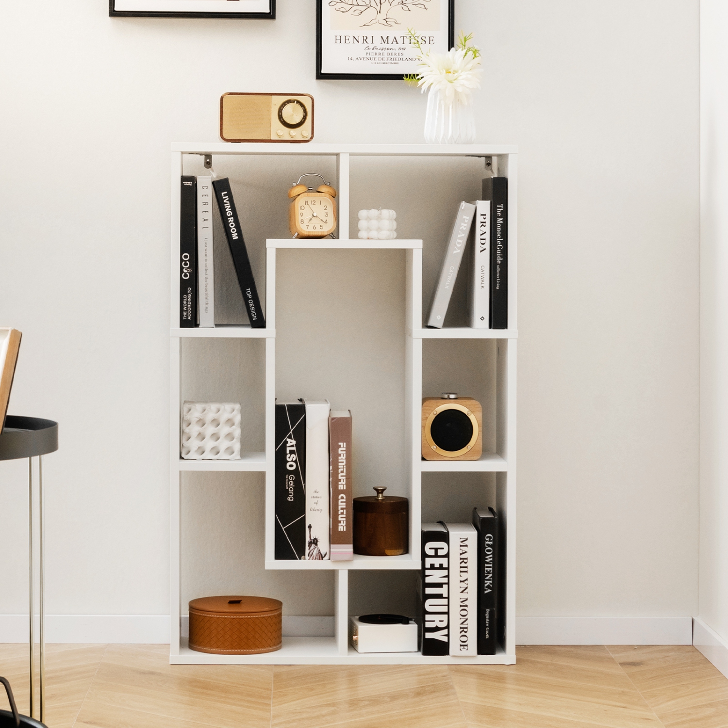 Topbuy 35.5" Geometric Bookshelf Open-back Bookcase w/ 7 Cubes Free-standing Storage Shelf Unit w/ Anti-Toppling Devices Gray/Natural/White