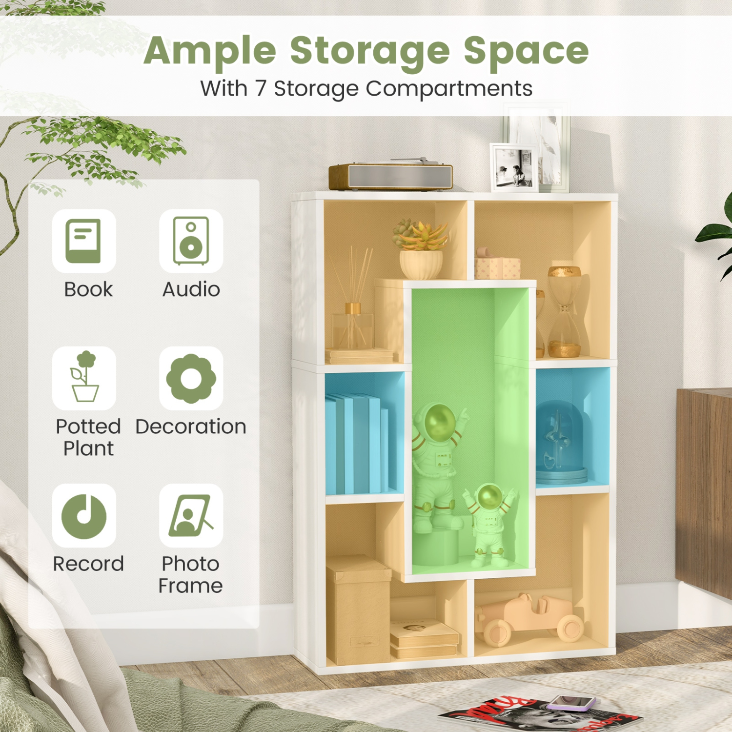 Topbuy 35.5" Geometric Bookshelf Open-back Bookcase w/ 7 Cubes Free-standing Storage Shelf Unit w/ Anti-Toppling Devices Gray/Natural/White