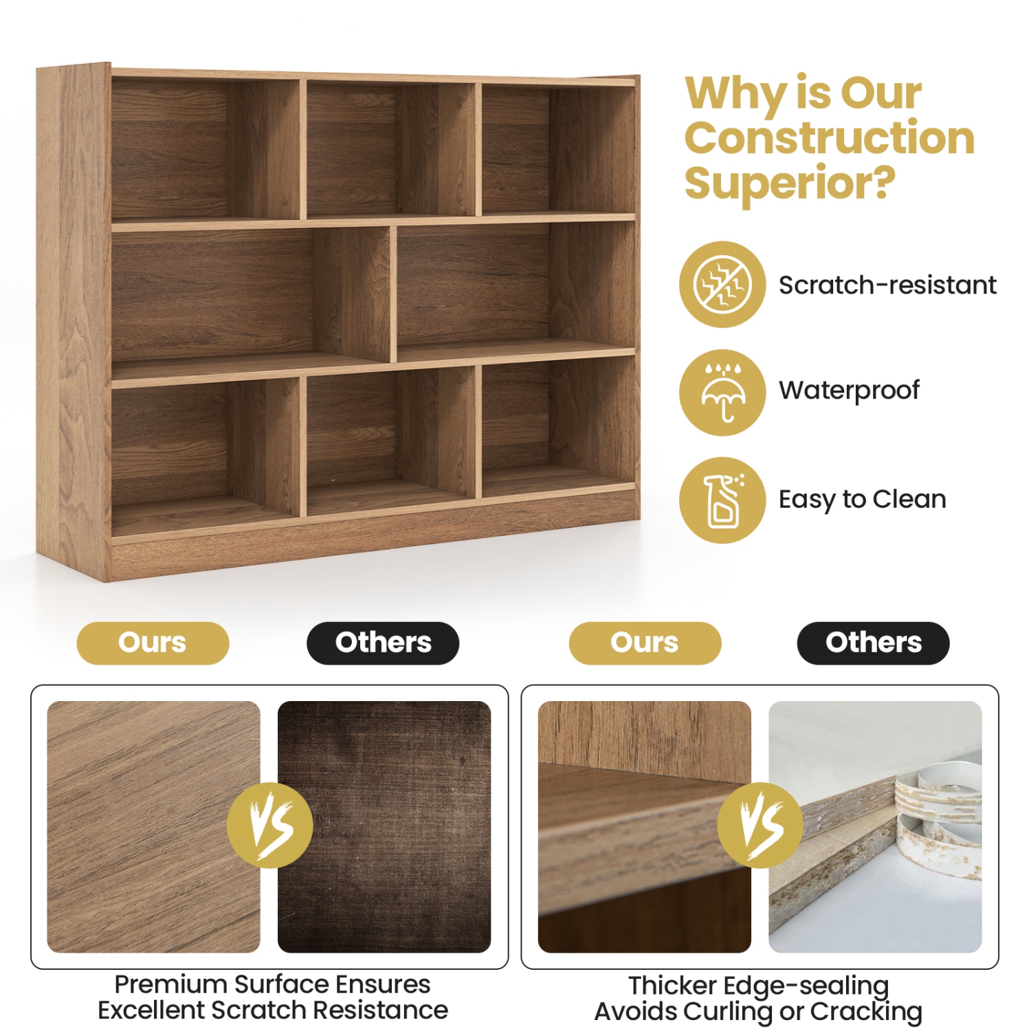 Topbuy Wood Storage Cube Bookcase 3 Tier 8 Cube Open Shelf Storage Cabinet with Anti-Toppling Devices Multipurpose Bookshelf Natural/Burlywood/Oak