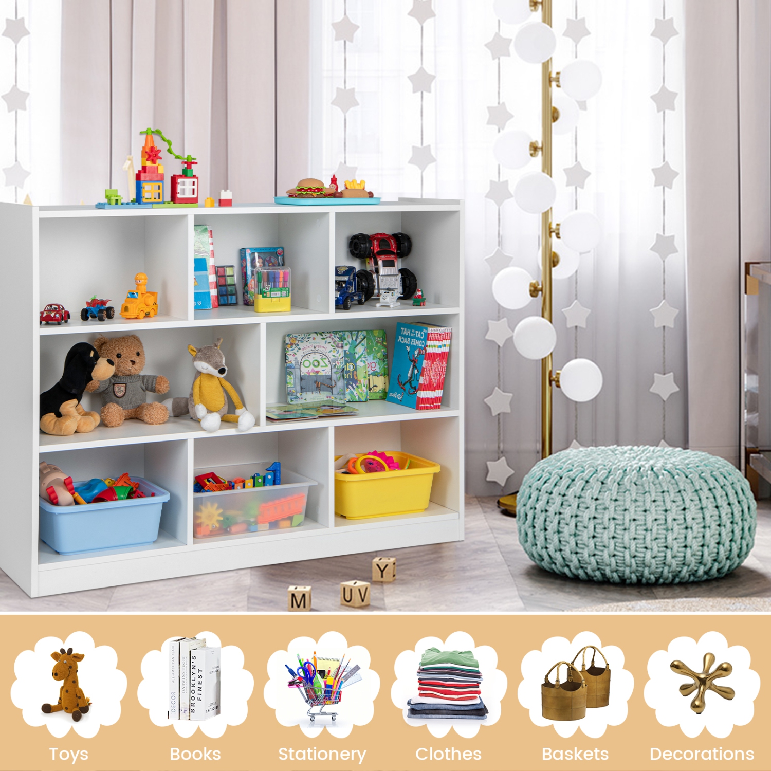 Topbuy – Bibliothèque de rangement cubique en bois, 3 niveaux, 8 cubes, armoire de rangement ouverte, dispositifs anti-renversement, bibliothèque