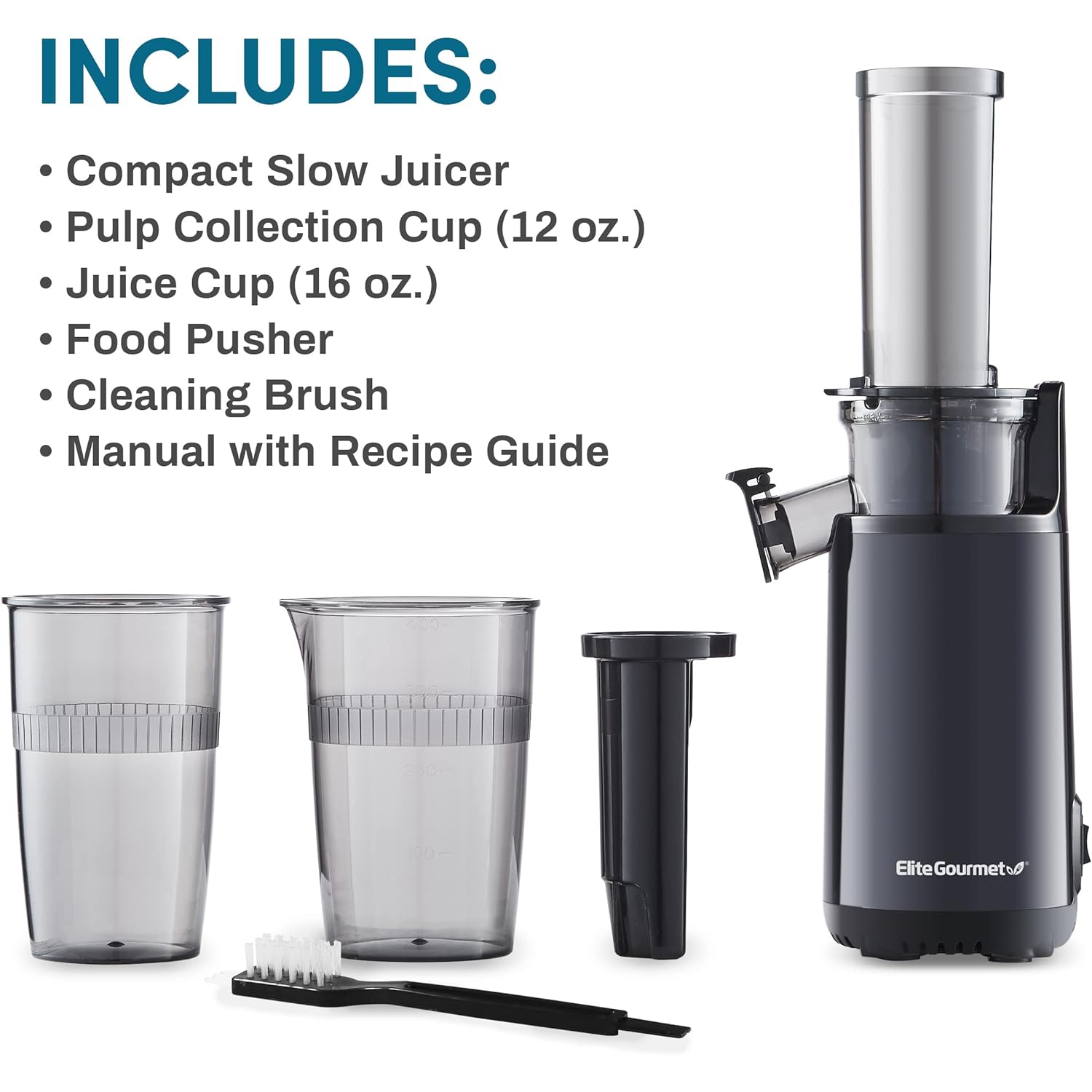 Elite Gourmet EJX600 Compact Small Space-Saving Masticating Slow Juicer, Cold Press Juice Extractor, Nutrient and Vitamin Dense, Easy to Clean, 16 oz