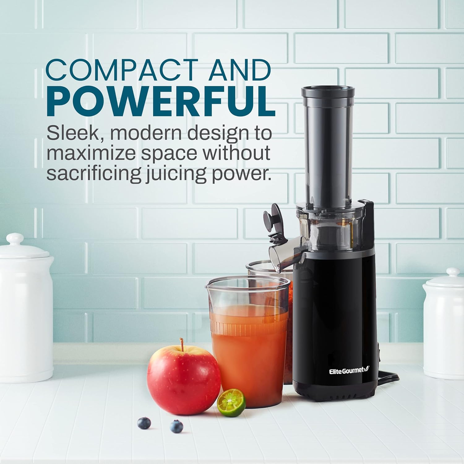 Elite Gourmet EJX600 Compact Small Space-Saving Masticating Slow Juicer, Cold Press Juice Extractor, Nutrient and Vitamin Dense, Easy to Clean, 16 oz