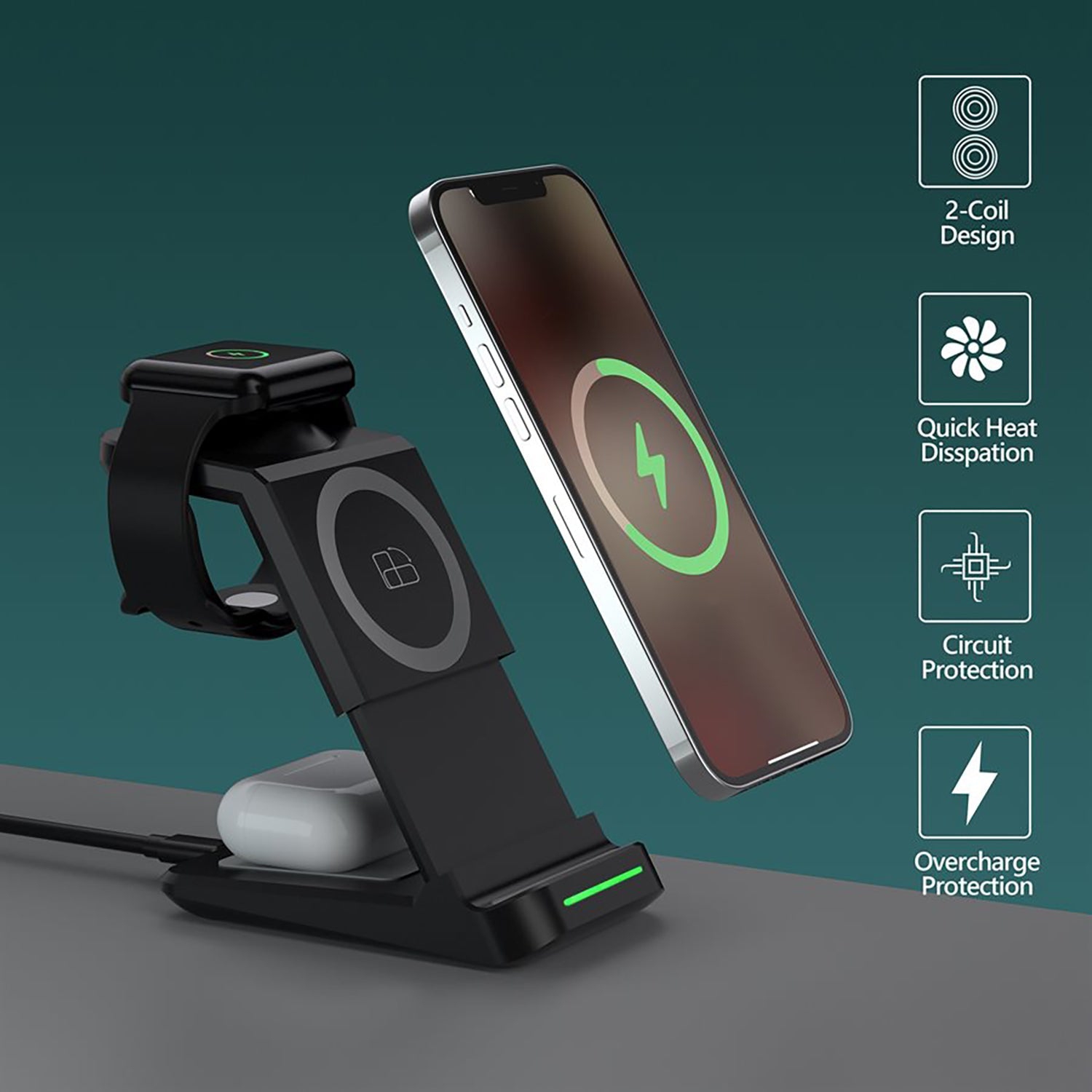 LAX – Station de chargement sans fil rapide 3 en 1, noir