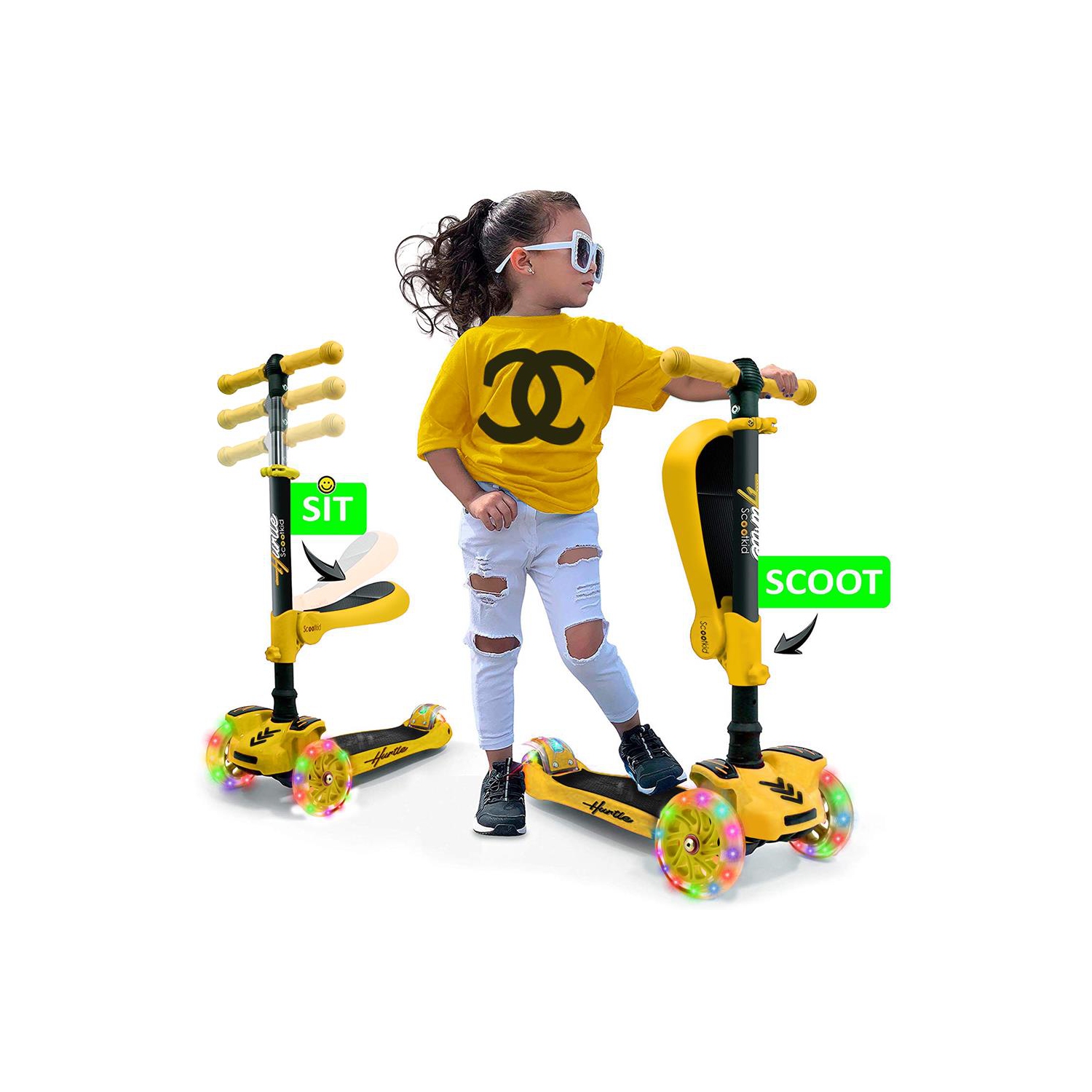 Trottinette à 3 roues pour enfants ScootKid - trottinette jouet pour enfants avec lumières à DEL intégrées, siège confortable rabattable (jaune)