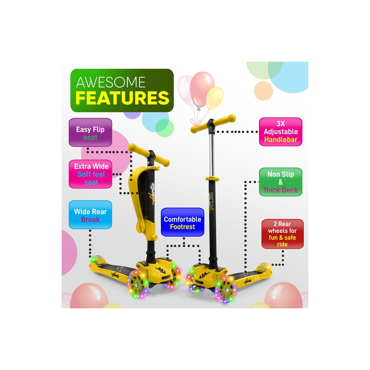 Trottinette à 3 roues pour enfants ScootKid - trottinette jouet pour enfants avec lumières à DEL intégrées, siège confortable rabattable (jaune)