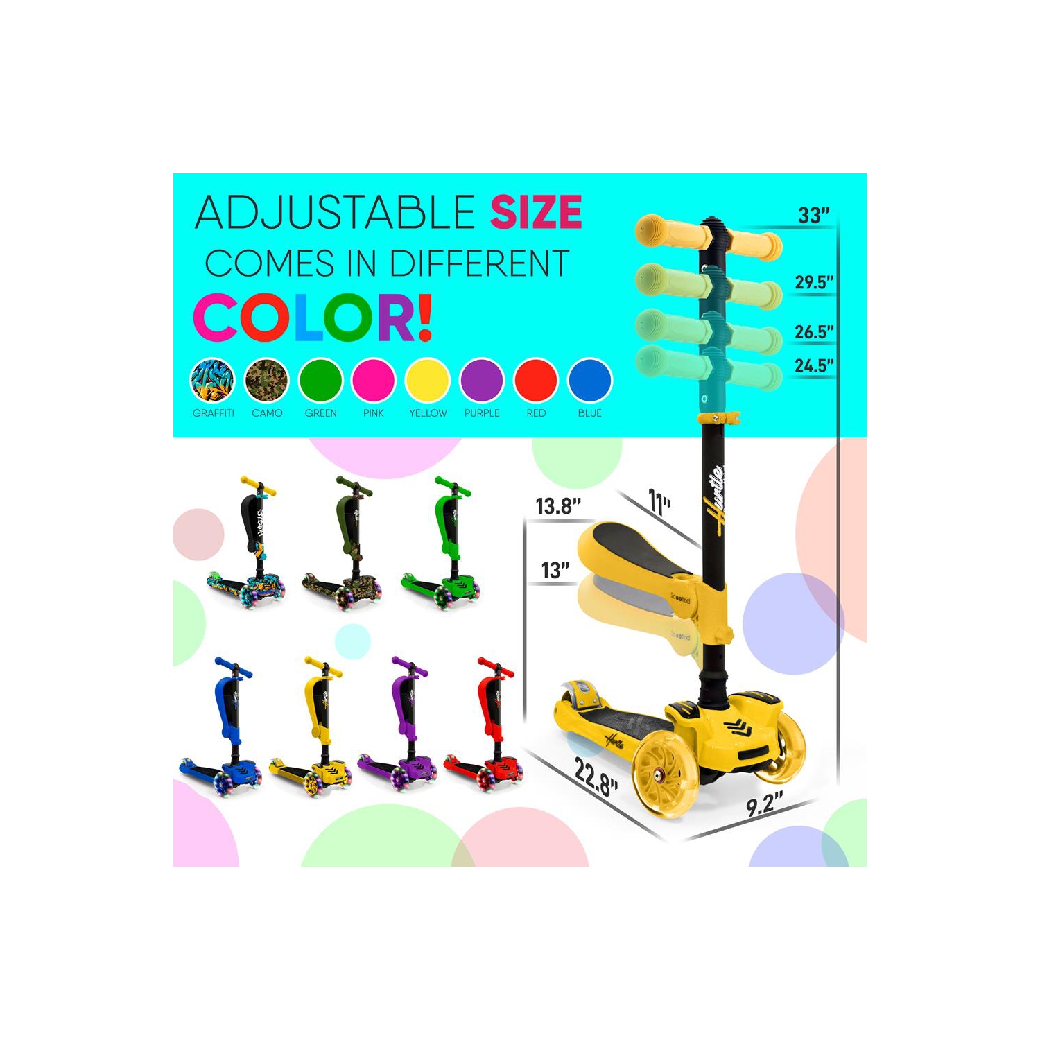 Trottinette à 3 roues pour enfants ScootKid - trottinette jouet pour enfants avec lumières à DEL intégrées, siège confortable rabattable (jaune)