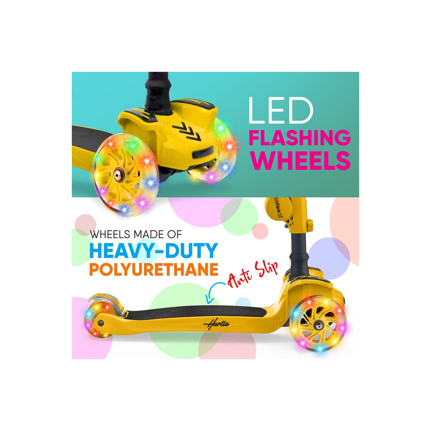 Trottinette à 3 roues pour enfants ScootKid - trottinette jouet pour enfants avec lumières à DEL intégrées, siège confortable rabattable (jaune)