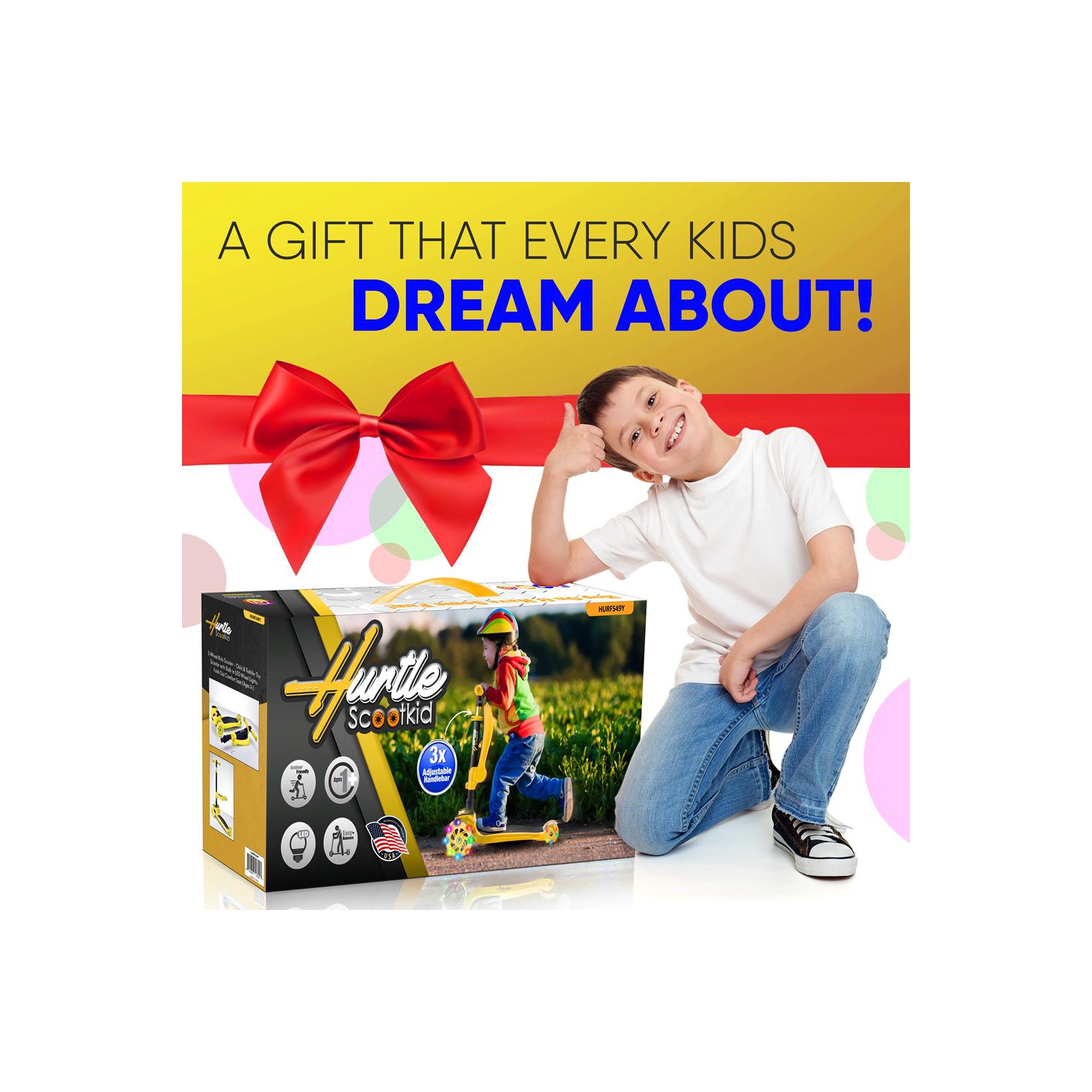 Trottinette à 3 roues pour enfants ScootKid - trottinette jouet pour enfants avec lumières à DEL intégrées, siège confortable rabattable (jaune)