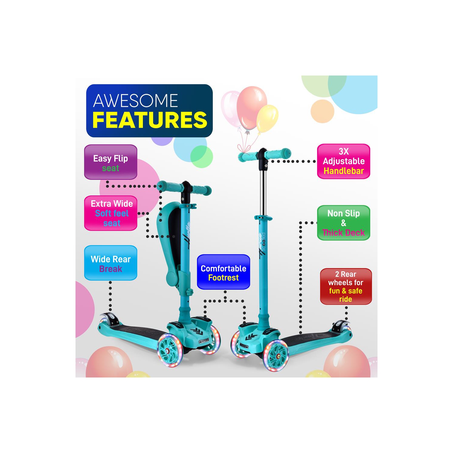 Trottinette à 3 roues pour enfants ScootKid - trottinette jouet pour enfants/tout-petits avec lumières à DEL intégrées, siège confortable rabattable