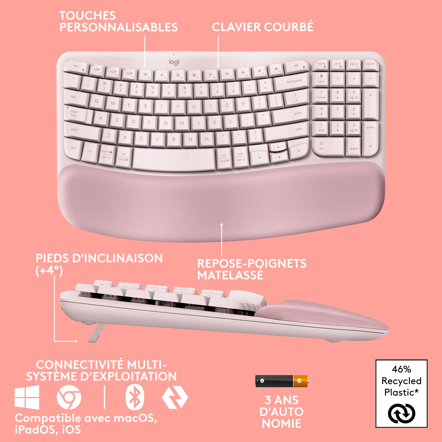 Clavier ergonomique sans fil Wave Keys de Logitech - Rose