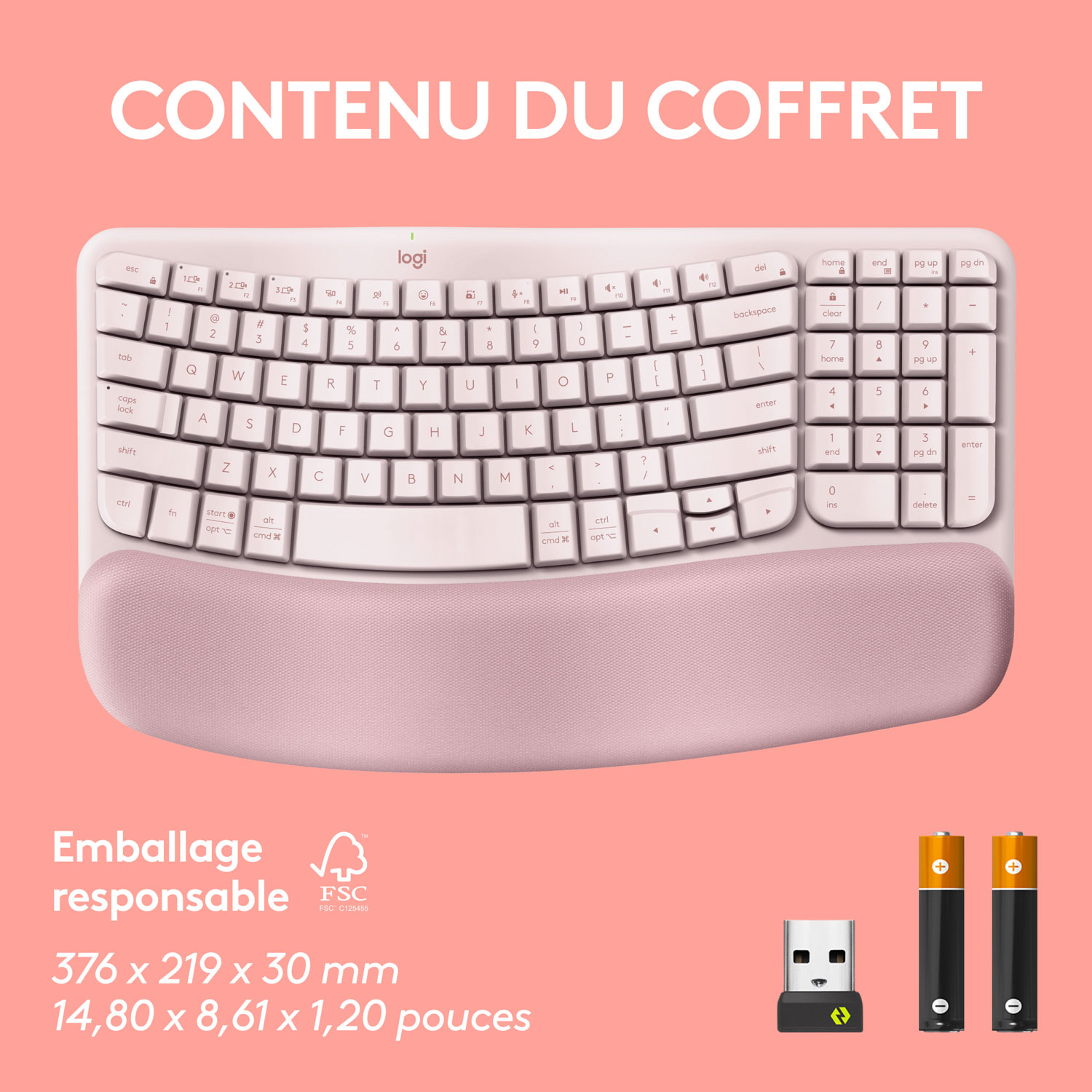 Clavier ergonomique sans fil Wave Keys de Logitech - Rose