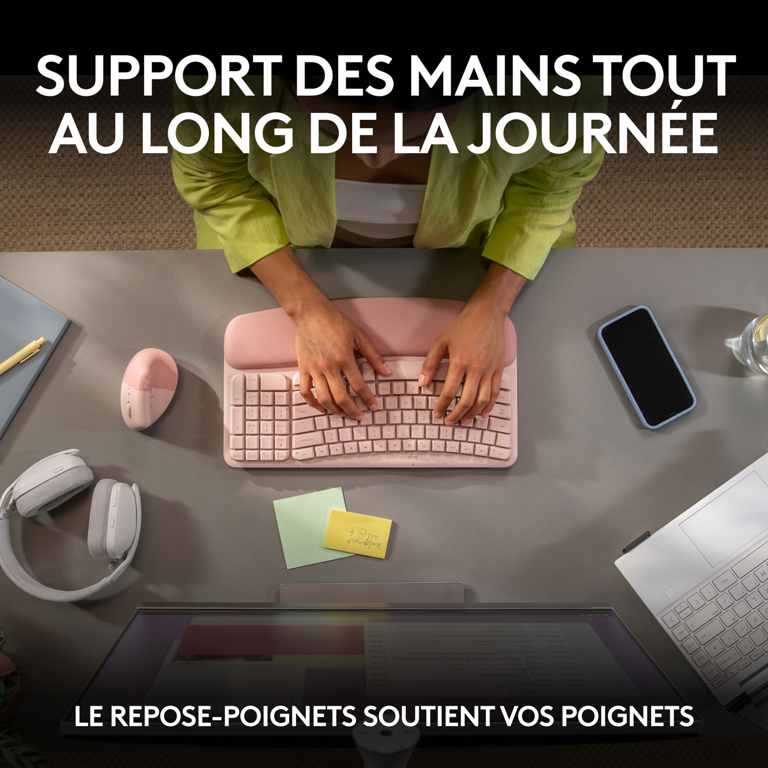 Clavier ergonomique sans fil Wave Keys de Logitech - Rose