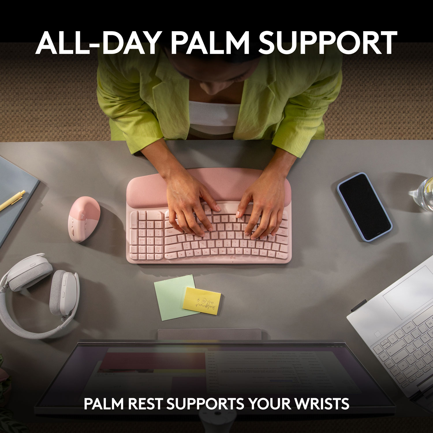 Clavier ergonomique sans fil Wave Keys de Logitech - Rose