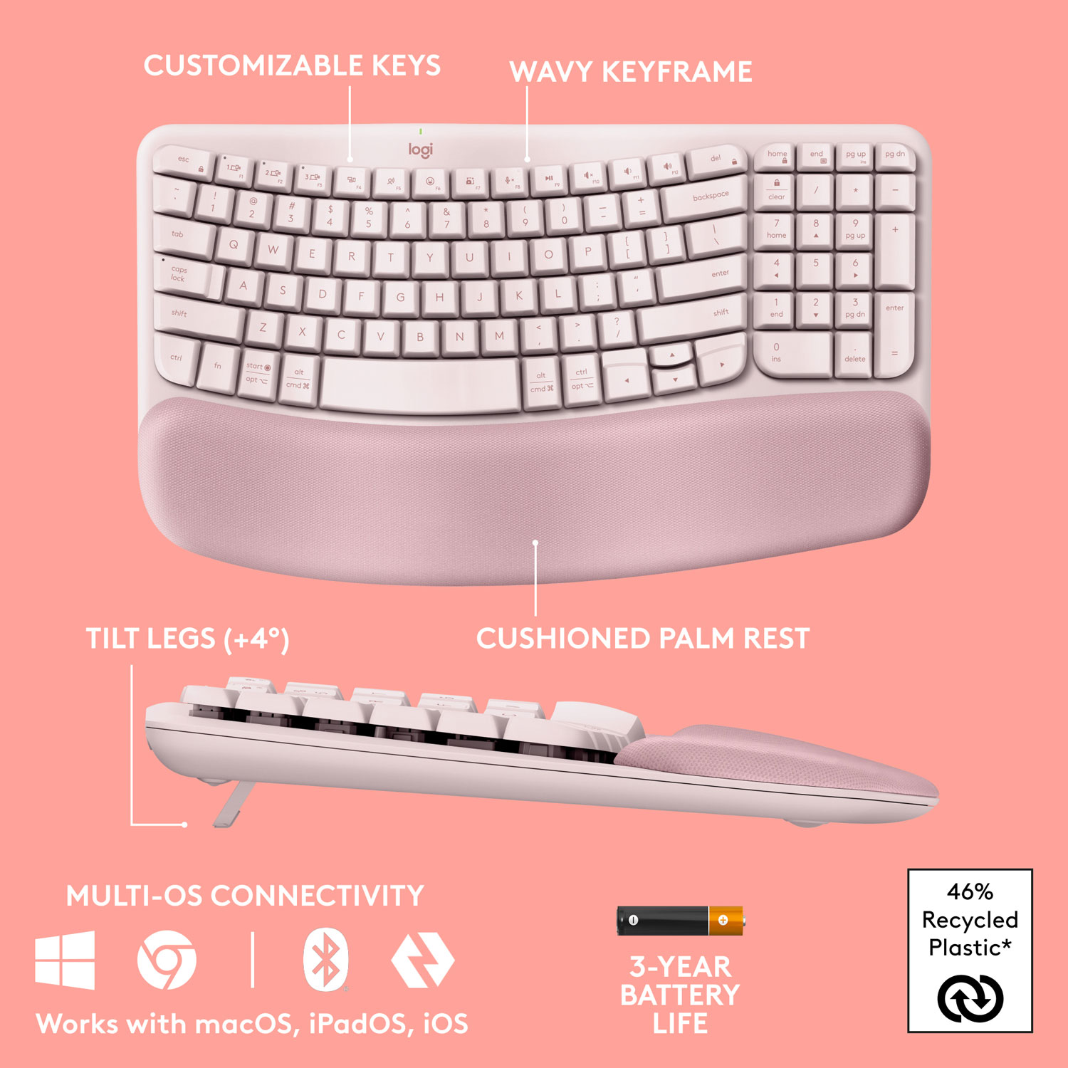 Clavier ergonomique sans fil Wave Keys de Logitech - Rose