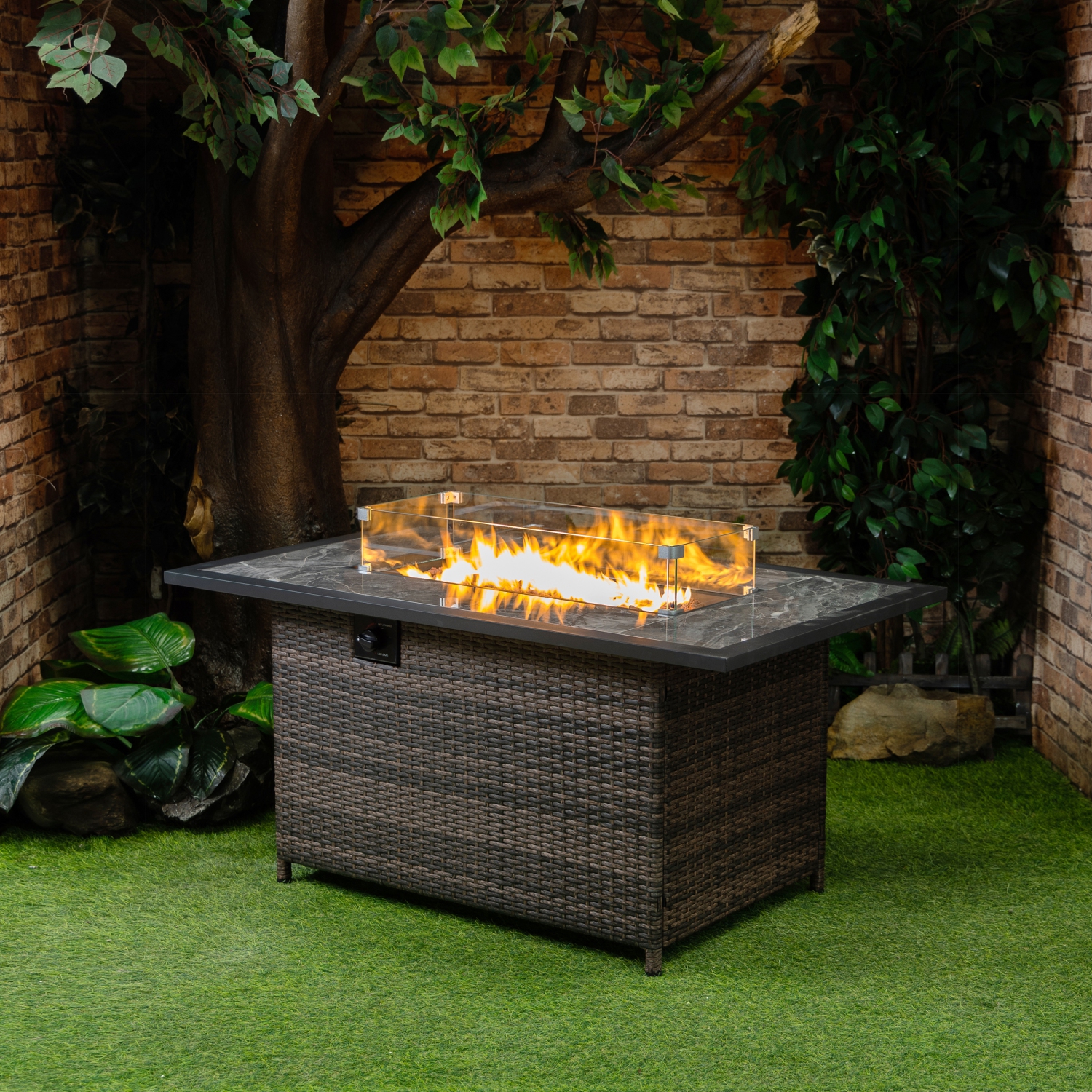 Deko Living 52 Inch Rectangular Outdoor Propane Gas Fire Pit Table 50,000 BTU Heater with Lava Rock Filler