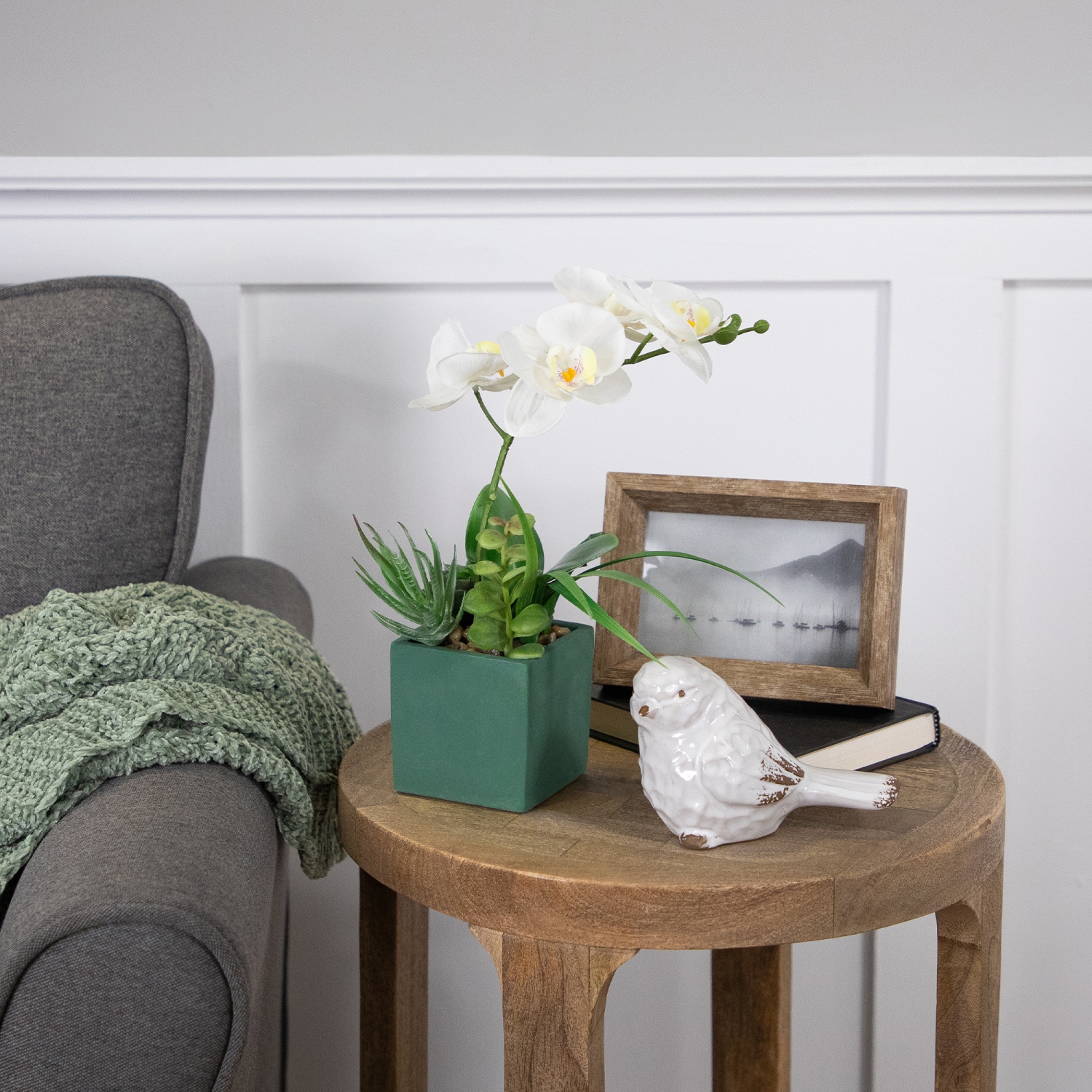 Orchidée artificielle et plantes succulentes - 12 po - Blanc