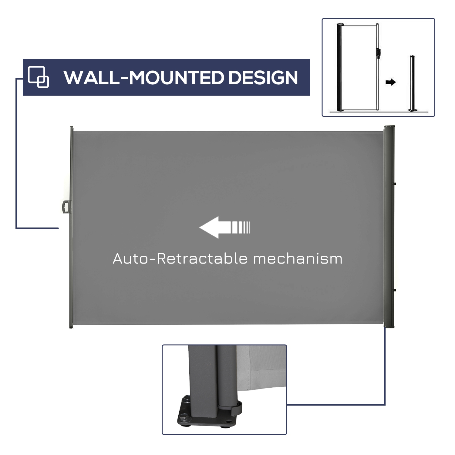 Outsunny 118" x 79" Retractable Side Awning Patio Outdoor Folding Privacy Screen with Resistance to UV Rays & Wind, Light Grey