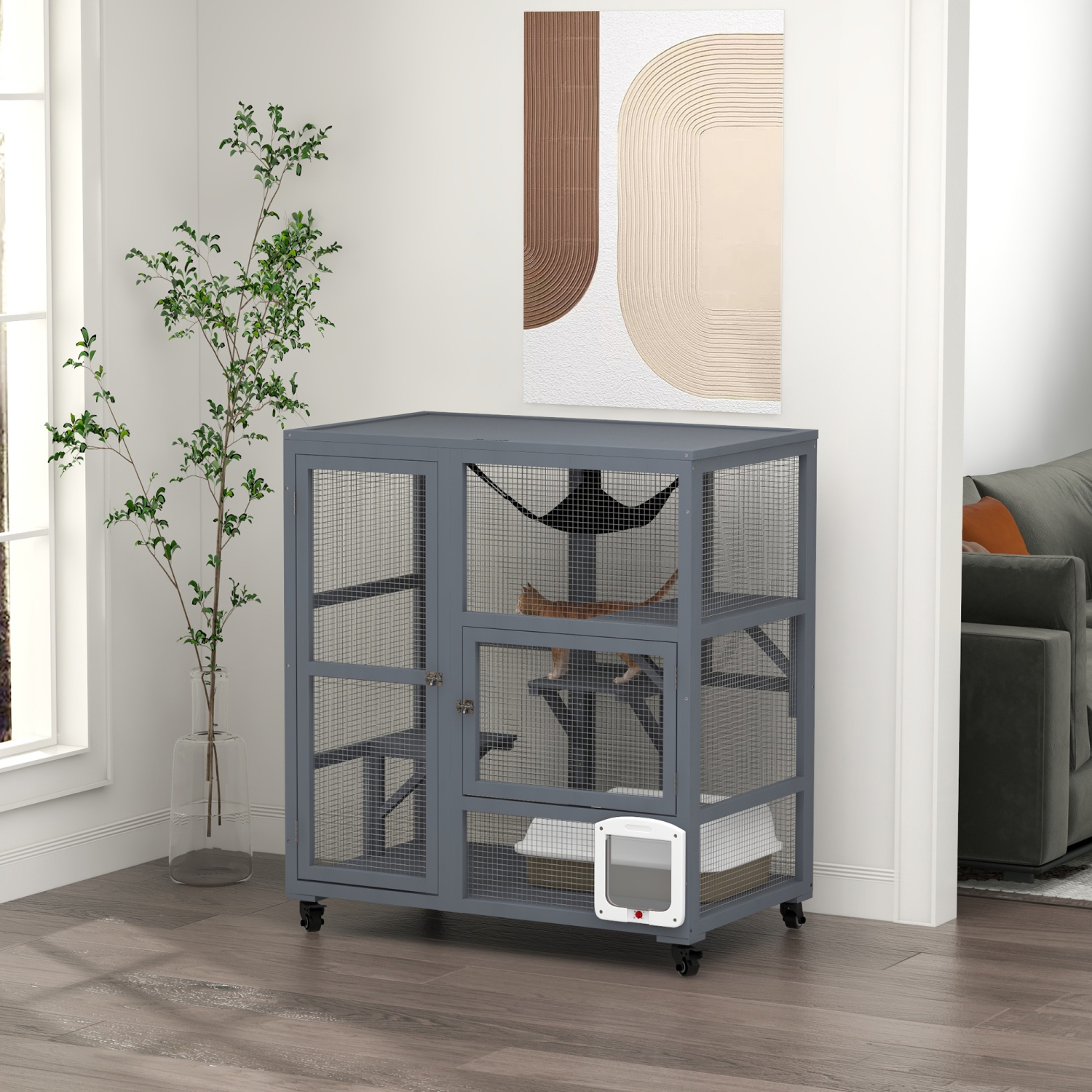 PawHut – Maison de chat en bois pour intérieur à 3 niveaux Cat Condo Villa sur roues avec portes à rabat Plateformes Hamac ouvrant pour 2 chatons,