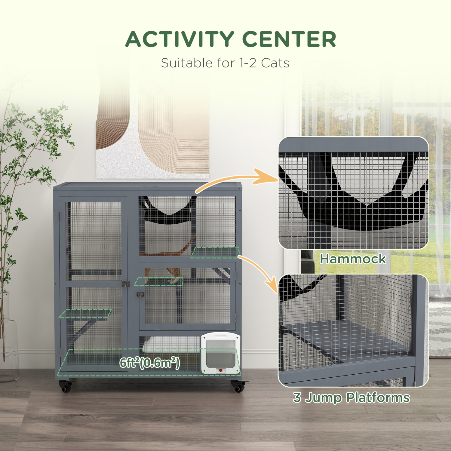 PawHut – Maison de chat en bois pour intérieur à 3 niveaux Cat Condo Villa sur roues avec portes à rabat Plateformes Hamac ouvrant pour 2 chatons,