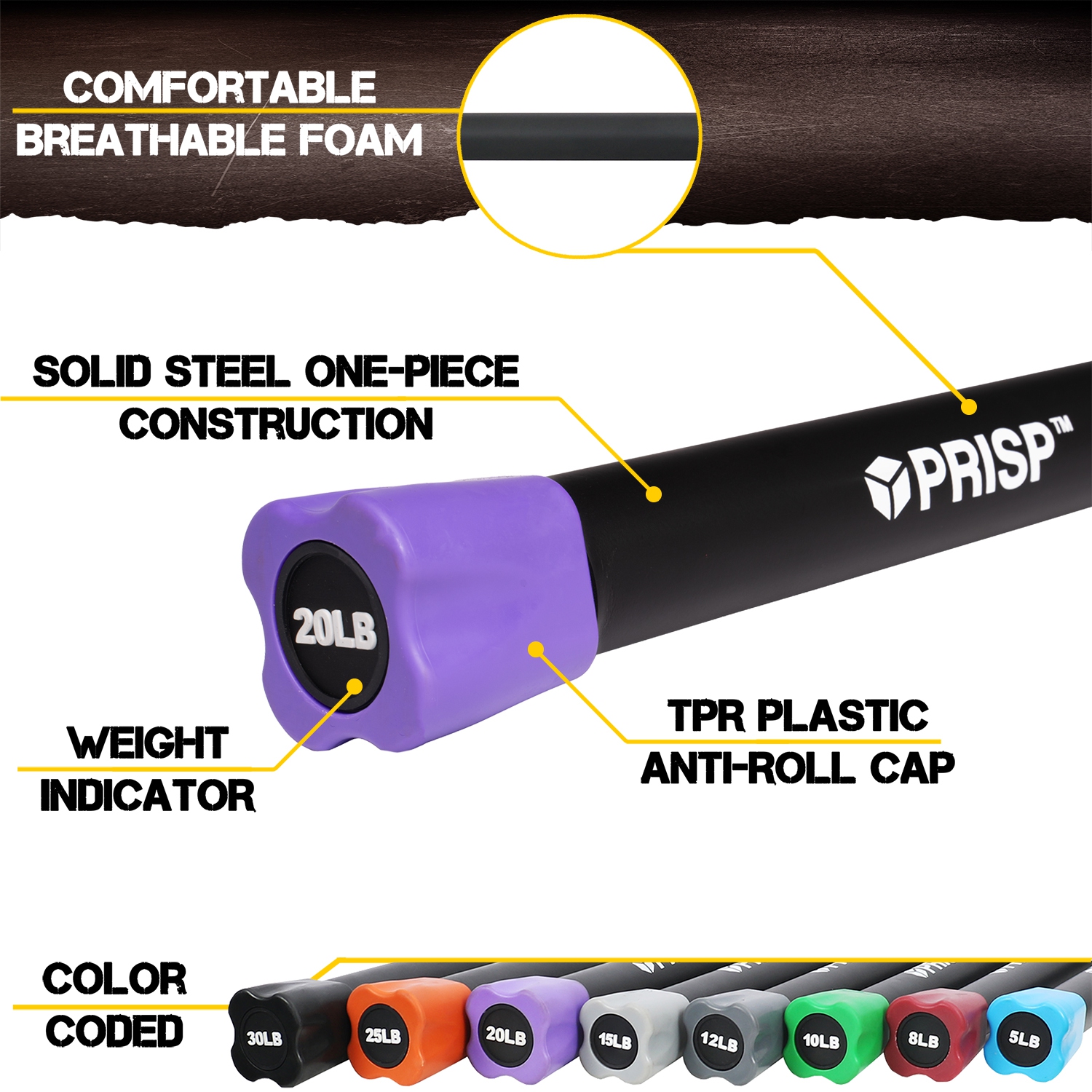 PRISP Weighted Exercise Workout Bar - Total Body Weight Bar for Home Gym, Fitness, Yoga and Strength Training