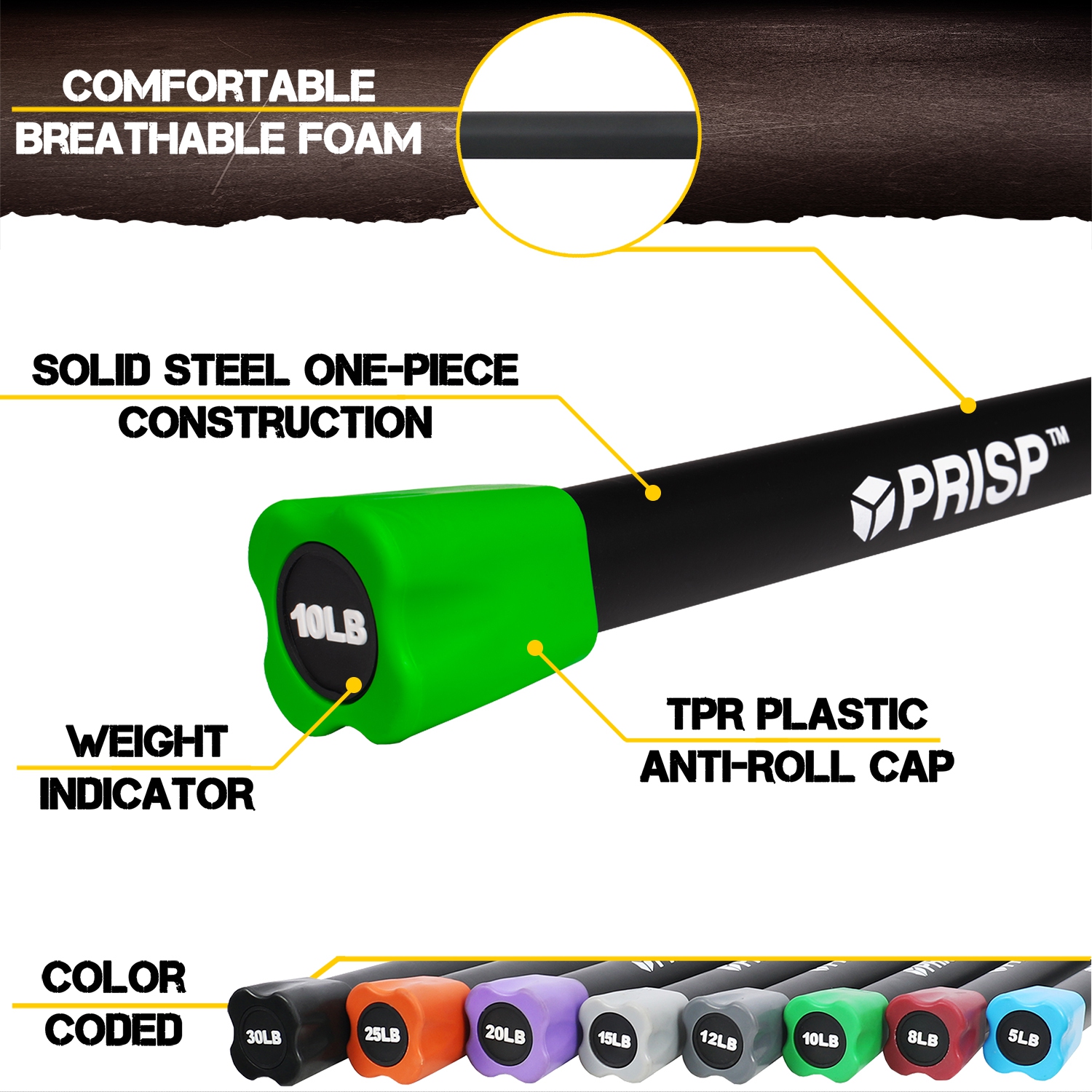 PRISP Weighted Exercise Workout Bar - Total Body Weight Bar for Home Gym, Fitness, Yoga and Strength Training