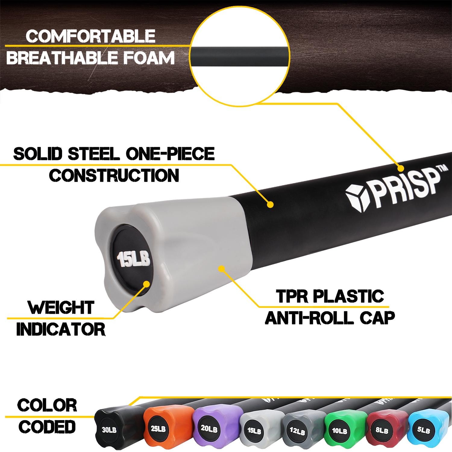 PRISP Weighted Exercise Workout Bar - Total Body Weight Bar for Home Gym, Fitness, Yoga and Strength Training
