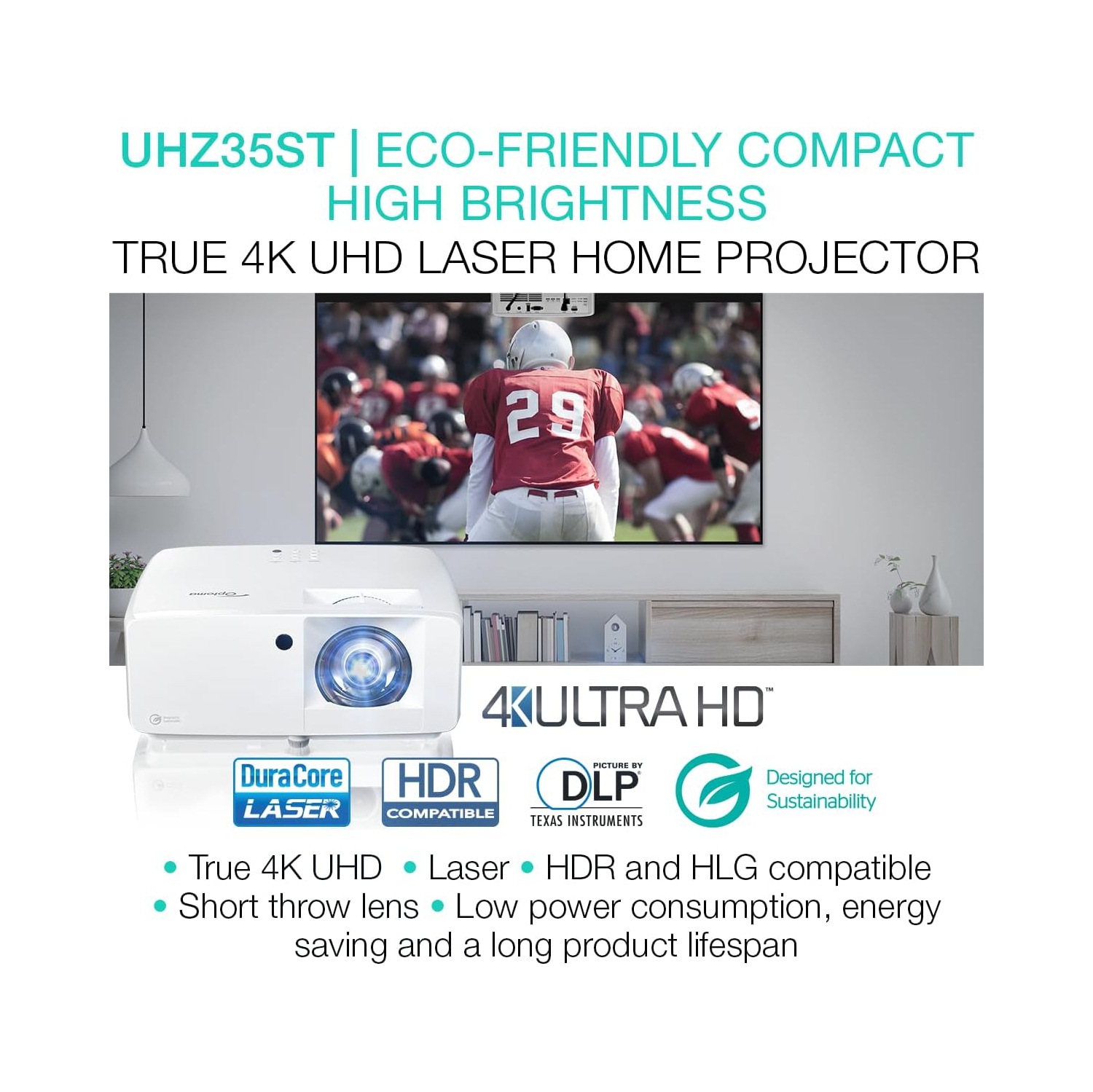 Optoma UHZ35ST 3500-Lumen UHD 4K Short-Throw Laser Projector - White