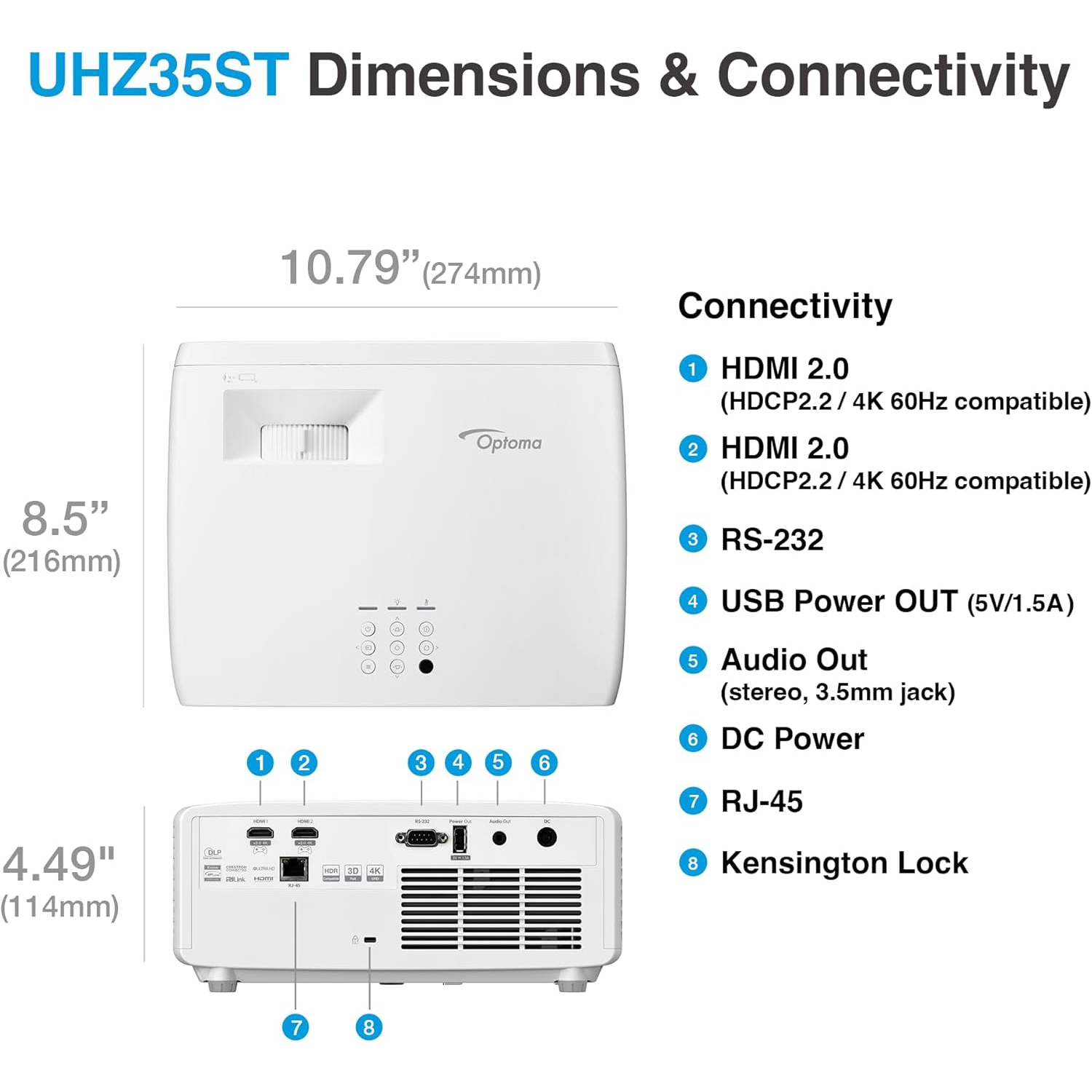 Optoma UHZ35ST 3500-Lumen UHD 4K Short-Throw Laser Projector - White