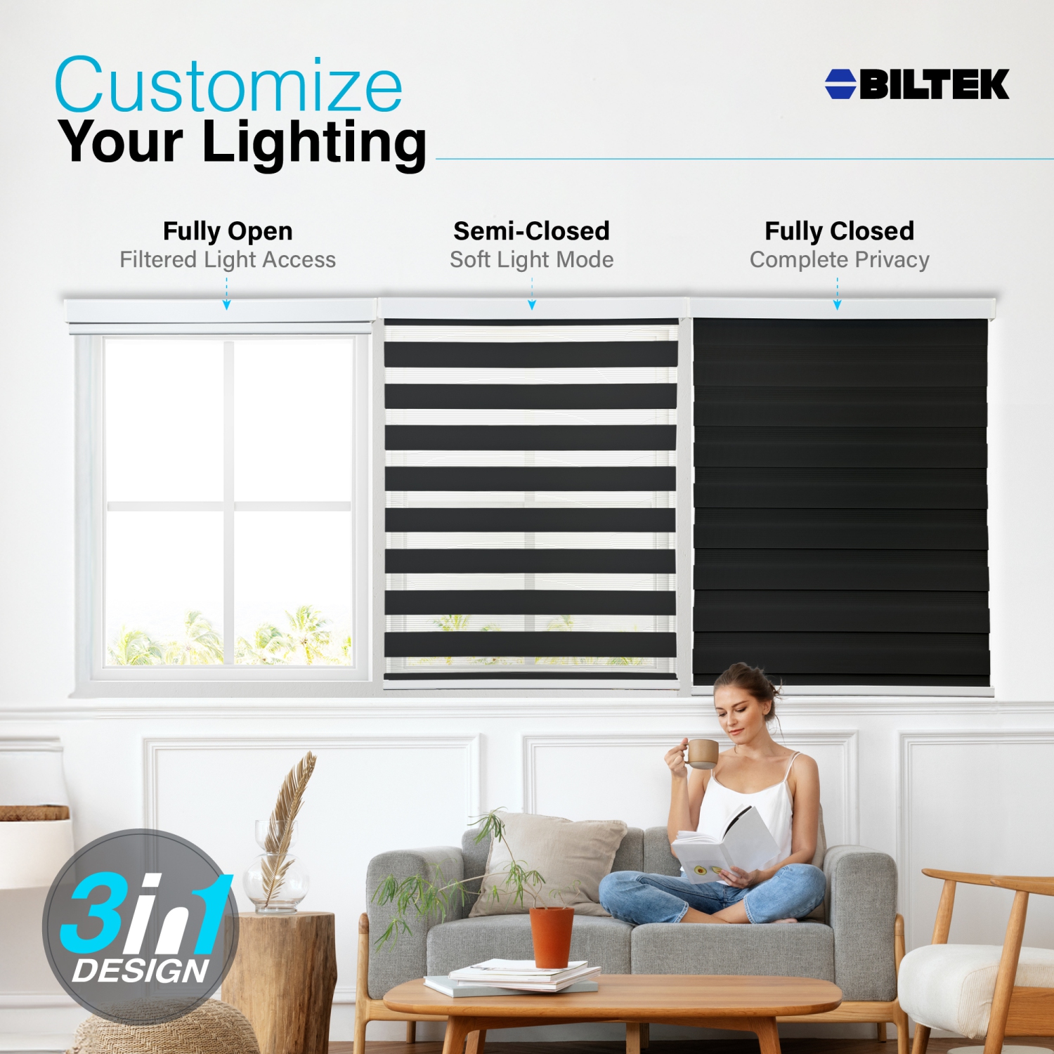 Biltek Zebra Cordless Window Blinds, Dual Layered Light Filtering Roller Shades, Easy Install Blinds, Indoor Home Decor, Pull-Down Shades for