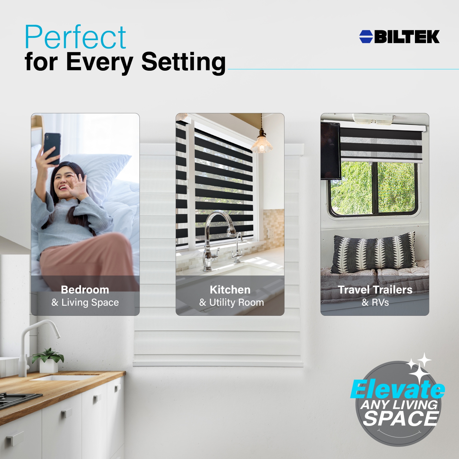 Biltek Zebra Cordless Window Blinds, Dual Layered Light Filtering Roller Shades, Easy Install Blinds, Indoor Home Decor, Pull-Down Shades for