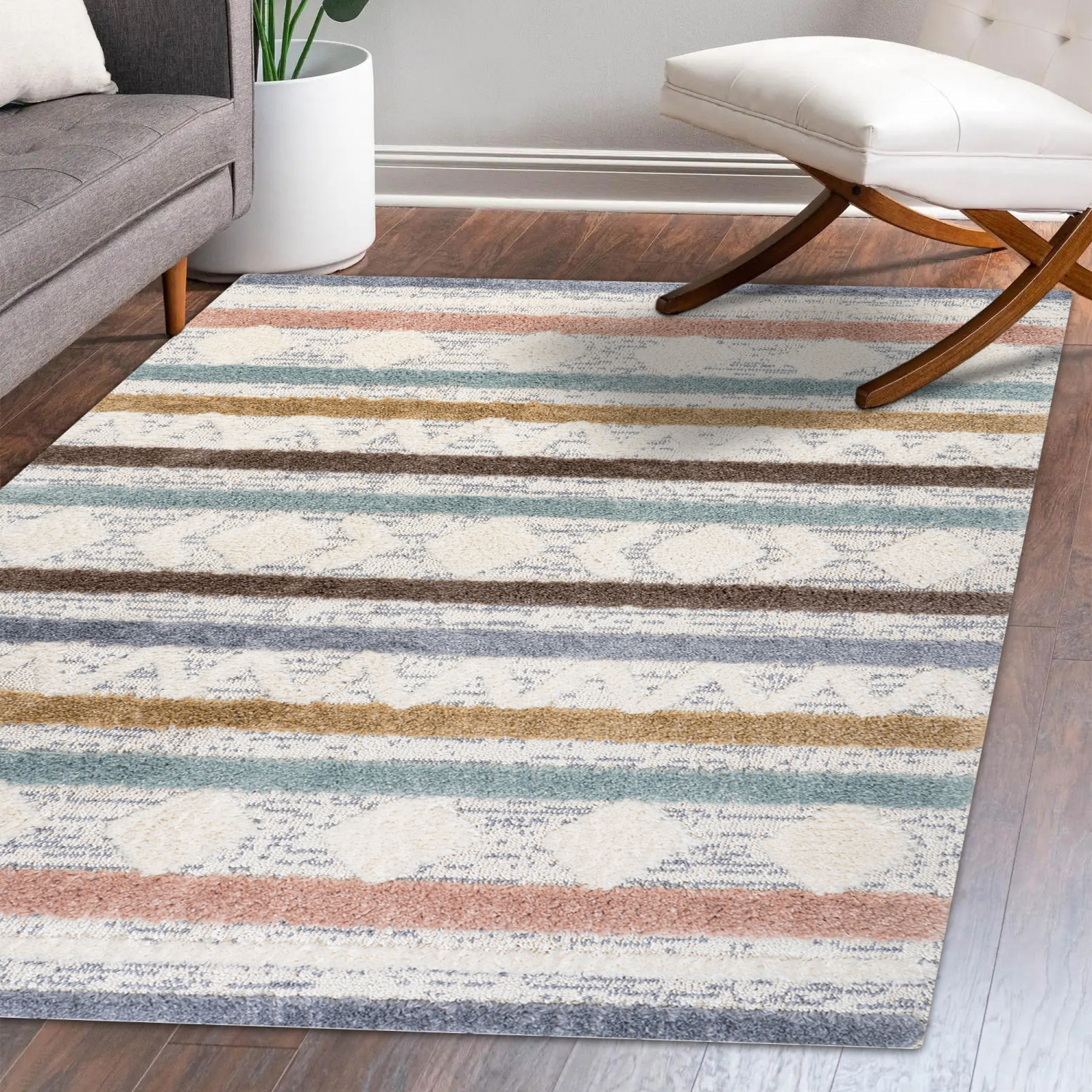 Faiza Moroccan Striped Geometric High-Low Area Rug
