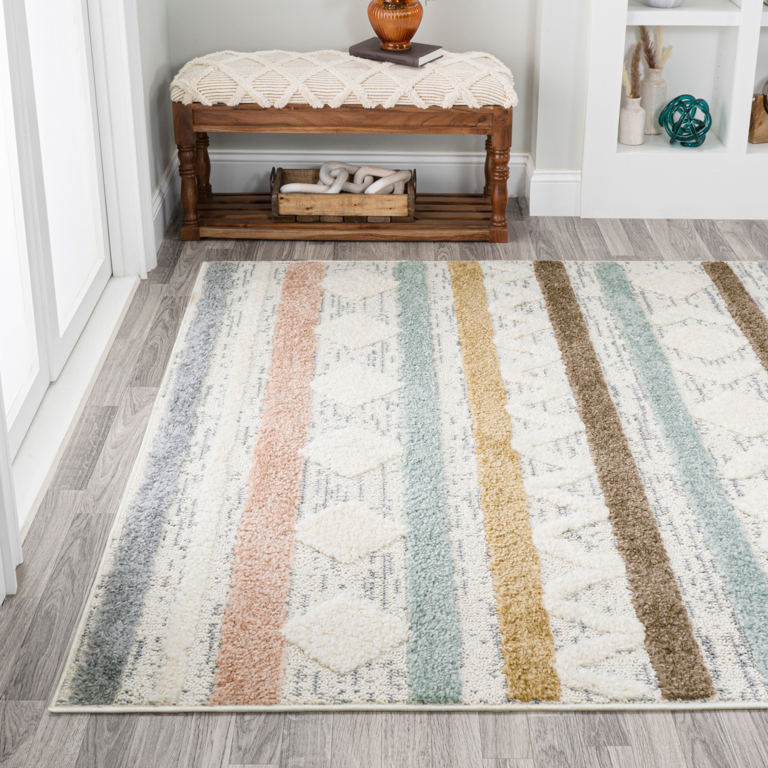 Faiza Moroccan Striped Geometric High-Low Area Rug