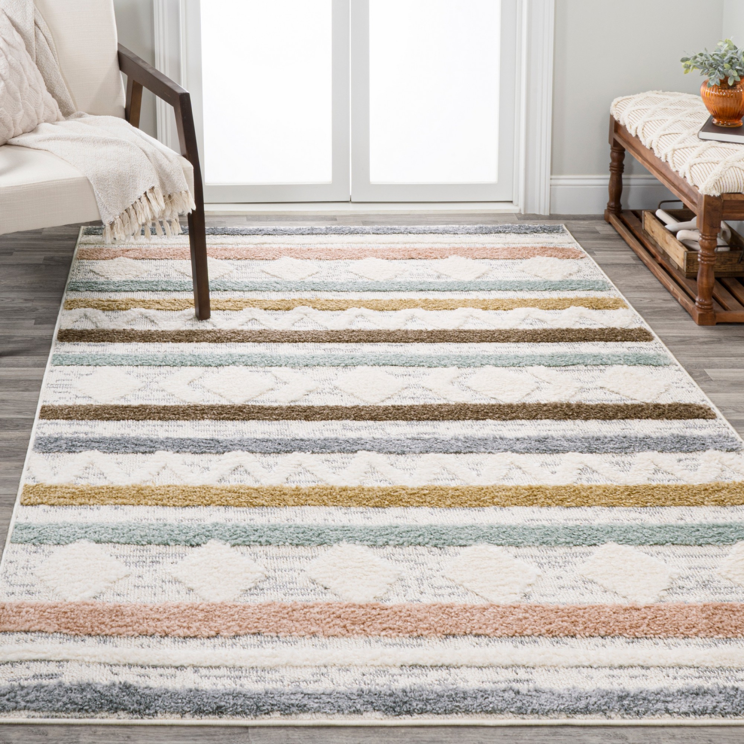 Faiza Moroccan Striped Geometric High-Low Area Rug
